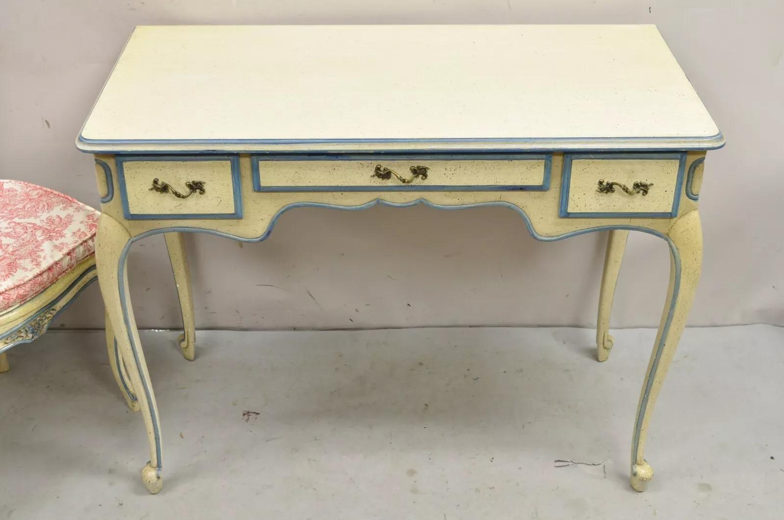 Vintage French Provincial Louis XV Cream & Blue Ladies Writing Desk Chair Set For Sale 6