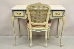 Vintage French Provincial Louis XV Cream & Blue Ladies Writing Desk Chair Set