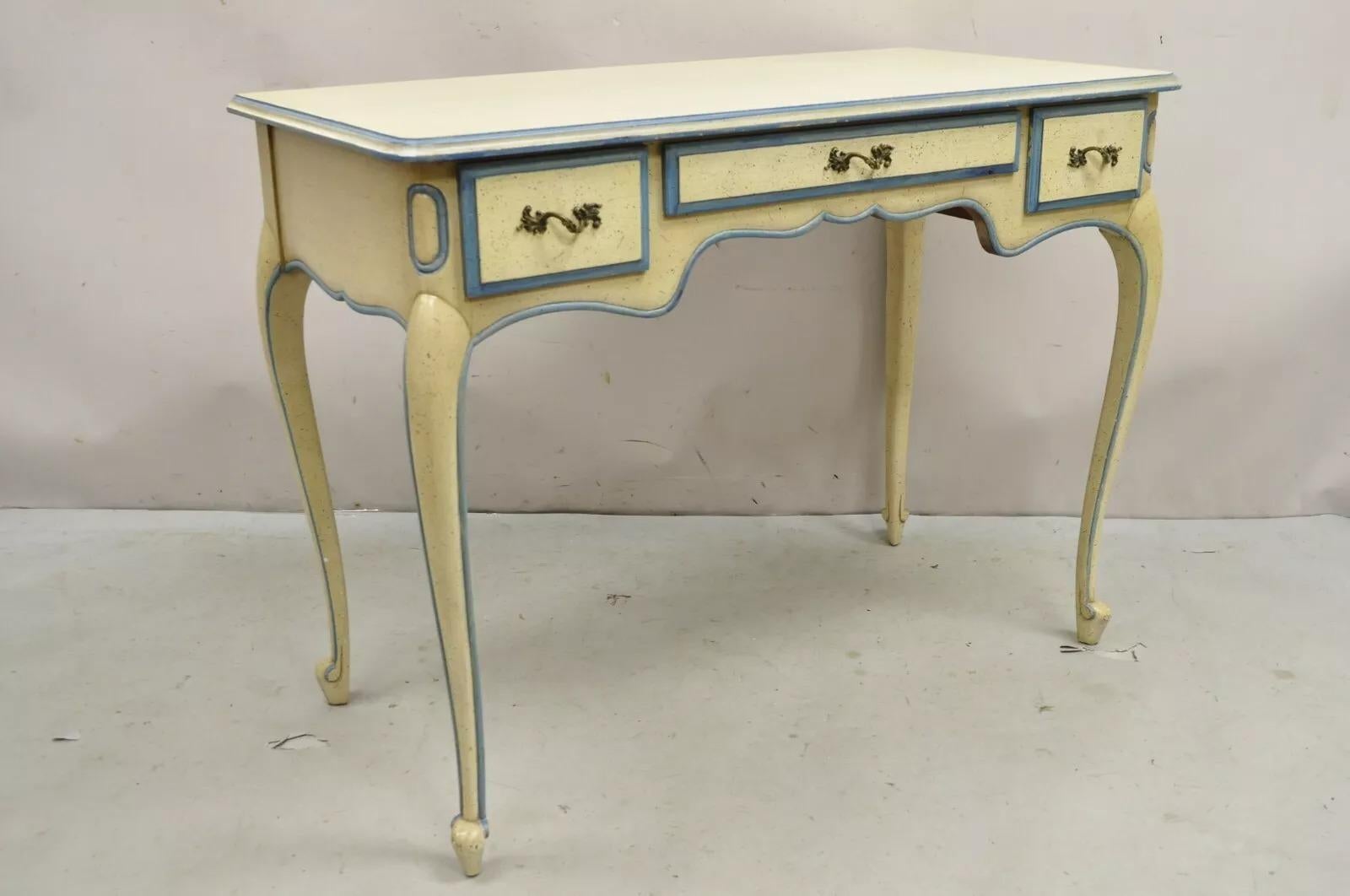 Unknown Vintage French Provincial Louis XV Cream & Blue Ladies Writing Desk Chair Set For Sale