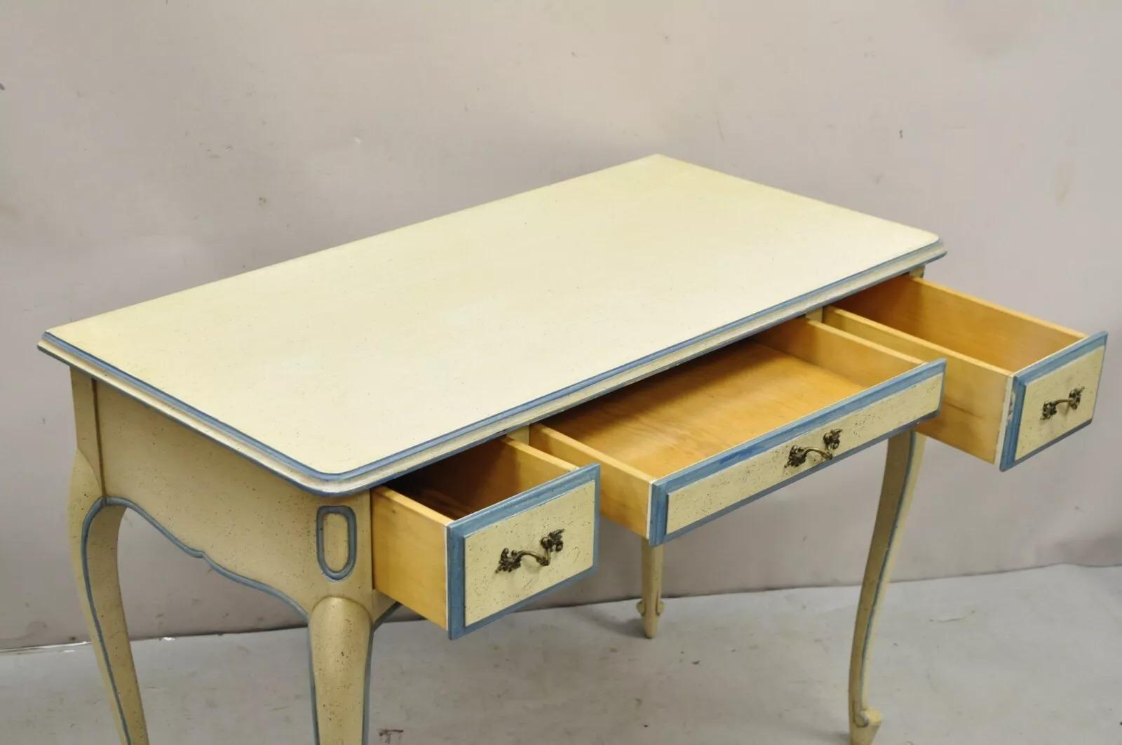 20th Century Vintage French Provincial Louis XV Cream & Blue Ladies Writing Desk Chair Set For Sale