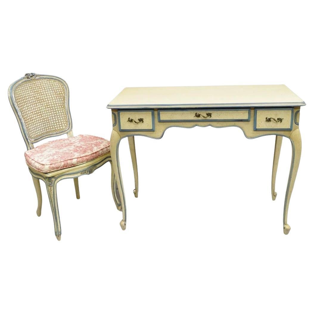 Vintage French Provincial Louis XV Cream & Blue Ladies Writing Desk Chair Set For Sale