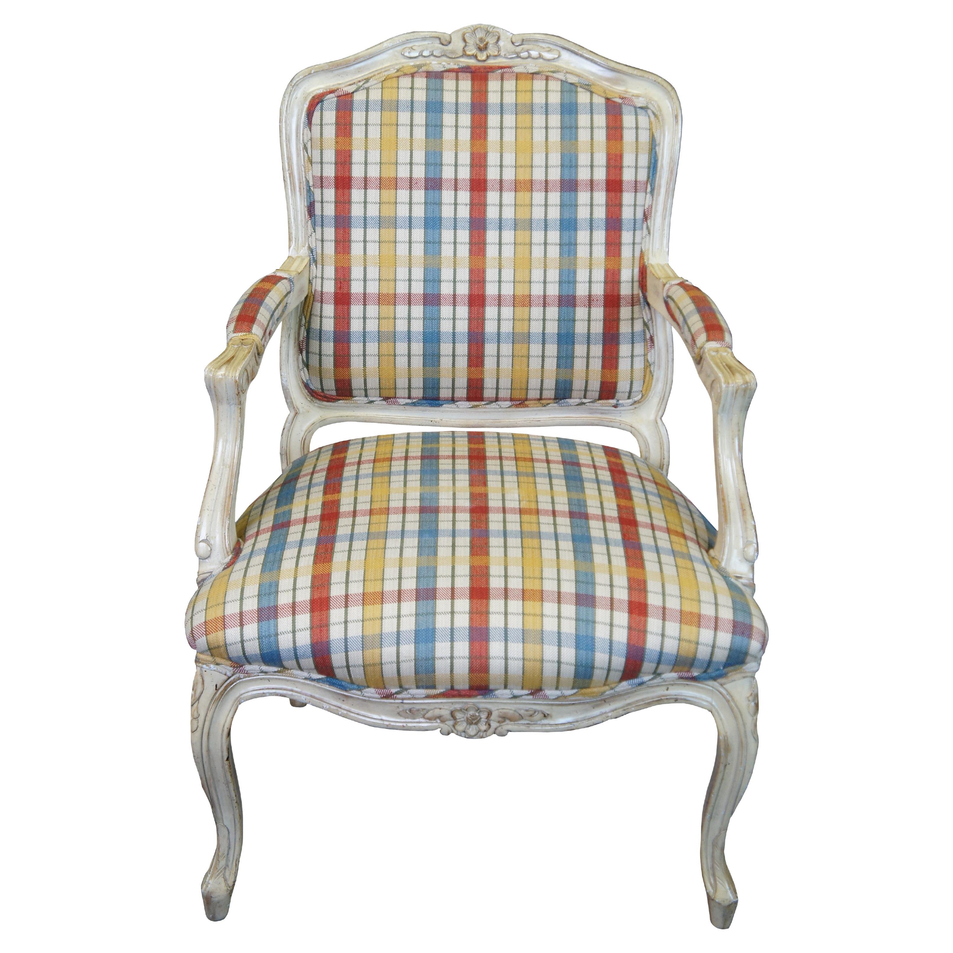 Vintage French Provincial Louis XV Fauteuil Plaid Library Lounge Armchair