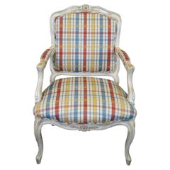 Vintage French Provincial Louis XV Fauteuil Plaid Library Lounge Armchair