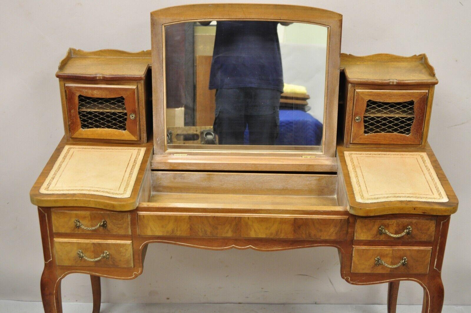 20th Century Vintage French Provincial Louis XV Leather Top Vanity Desk Mirror and Side Chair For Sale