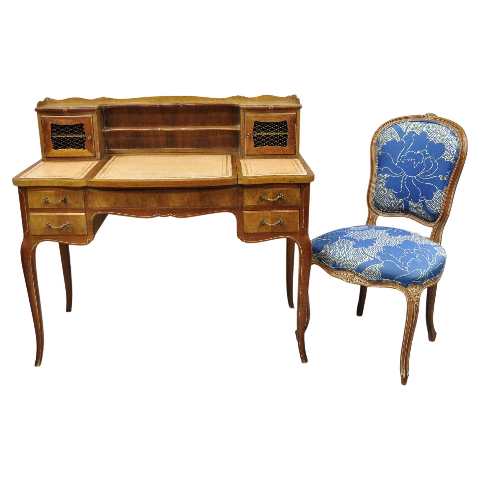 Miroir de bureau et chaise d'appoint vintage provincial français Louis XV à plateau en cuir