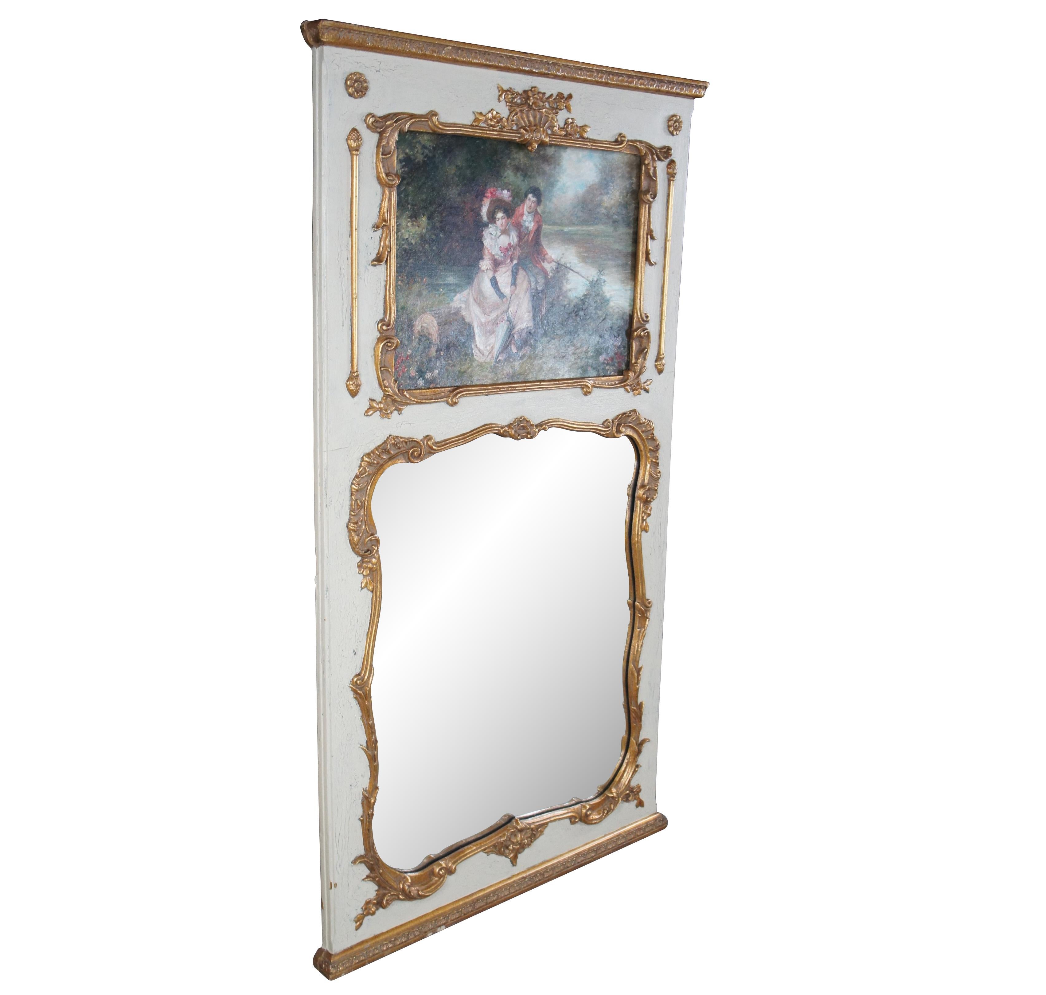 Vintage Francés Provincial Louis XV Sobre Mantel Trumeau Espejo w Pintura al Óleo 65