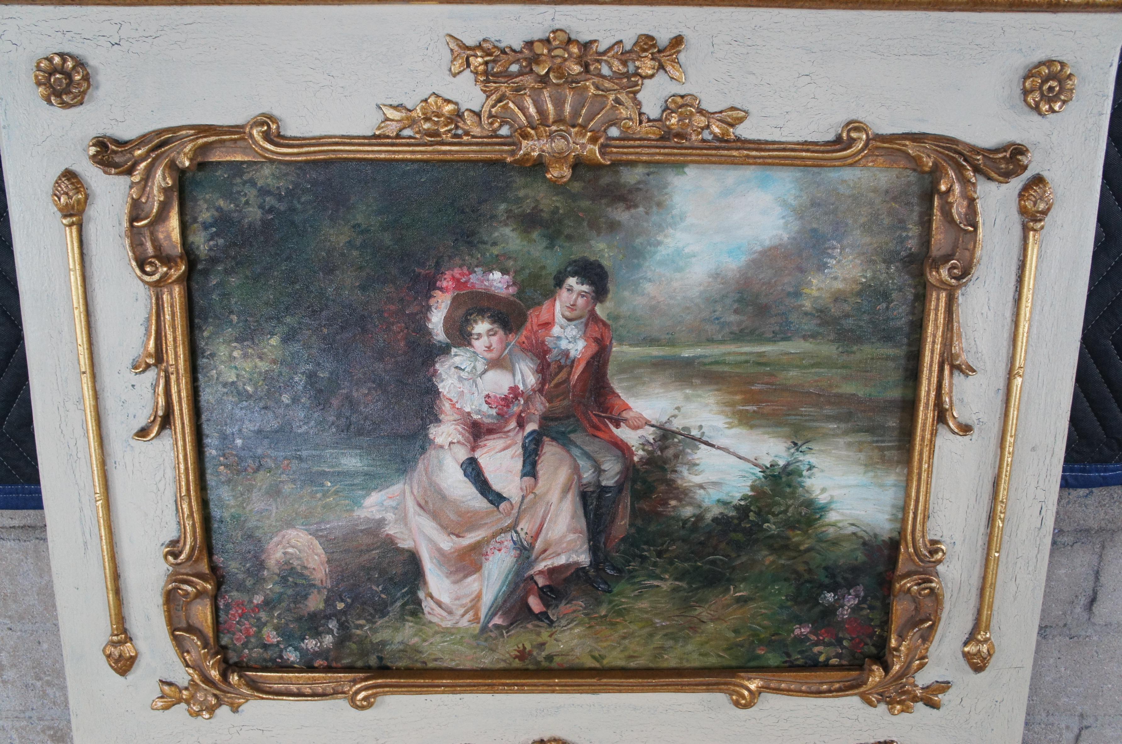 Vintage Francés Provincial Louis XV Sobre Mantel Trumeau Espejo w Pintura al Óleo 65