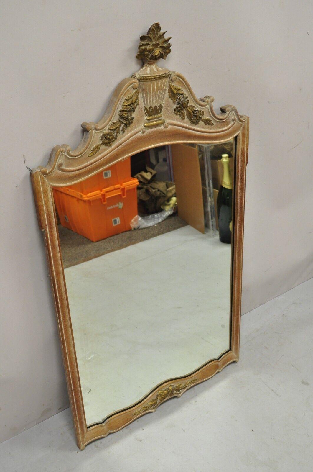 Vintage French Provincial Louis XV Style Carved Wood Urn Console Wall Mirror. Item features has an Urn and flower carved pediment, white washed finish, solid wood frame, distressed finish, nicely carved details, quality American craftsmanship, great