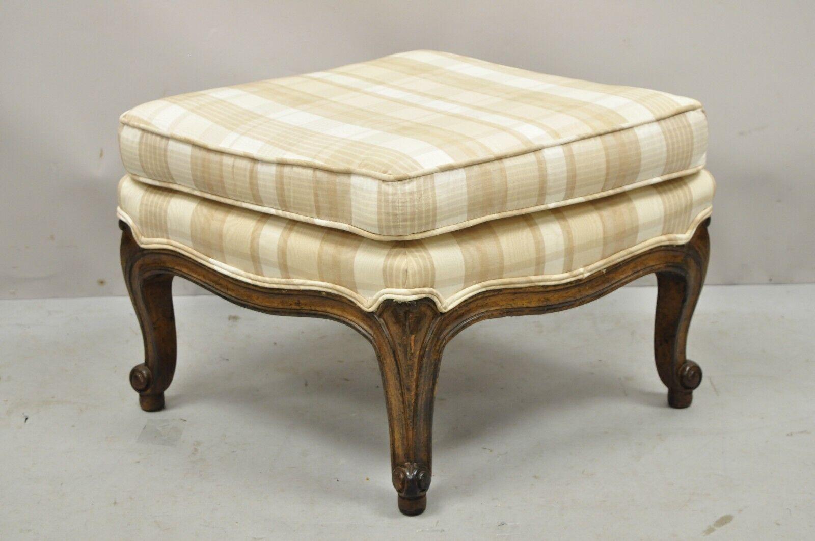 Vintage French Provincial Louis XV Style diamond shape footstool ottoman. Item features unique diamond shape, solid wood frame, distressed finish, nicely carved details, cabriole, great style and form. Circa mid 20th century. Measurements: 15