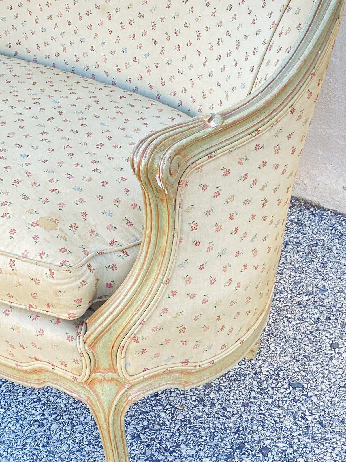Vintage French Provincial Louis XV Style Green Pink Barrel Back Loveseat Settee 6