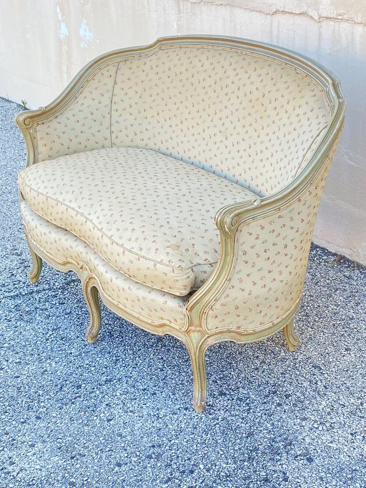 Vintage French Provincial Louis XV Style Green Pink Barrel Back Loveseat Settee 7