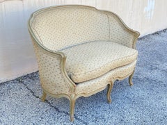 Vintage French Provincial Louis XV Style Green Pink Barrel Back Loveseat Settee