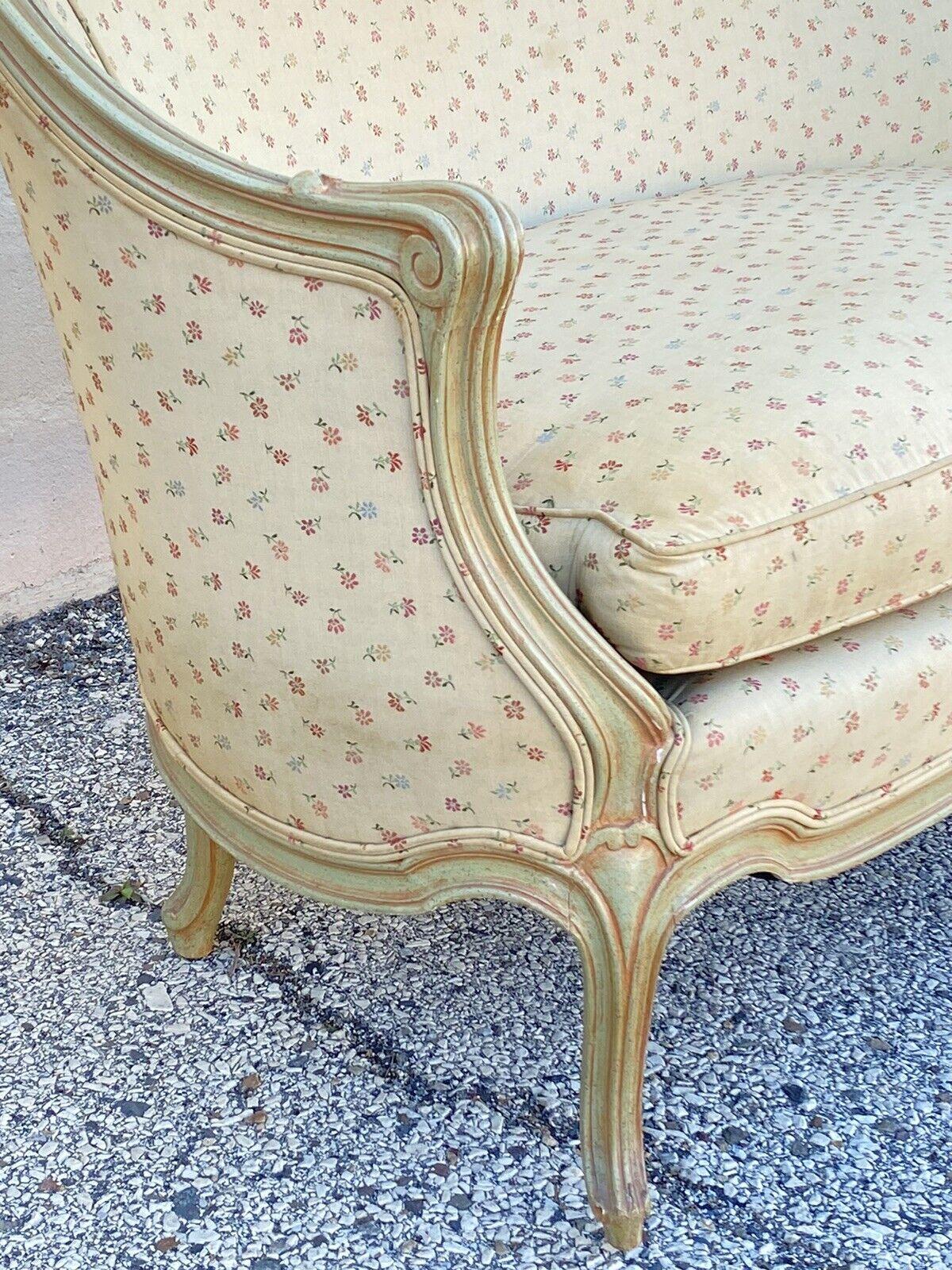Vintage French Provincial Louis XV Style Green Pink Barrel Back Loveseat Settee In Good Condition In Philadelphia, PA