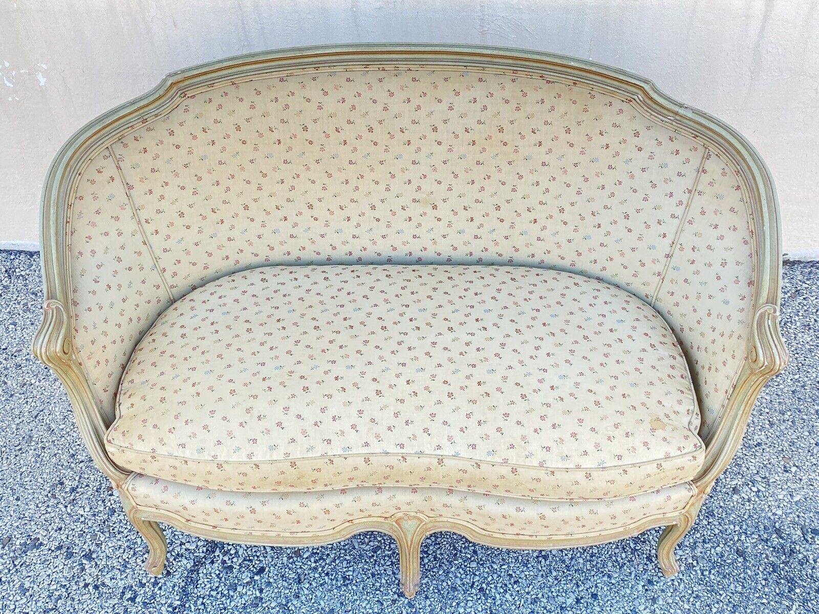 20th Century Vintage French Provincial Louis XV Style Green Pink Barrel Back Loveseat Settee