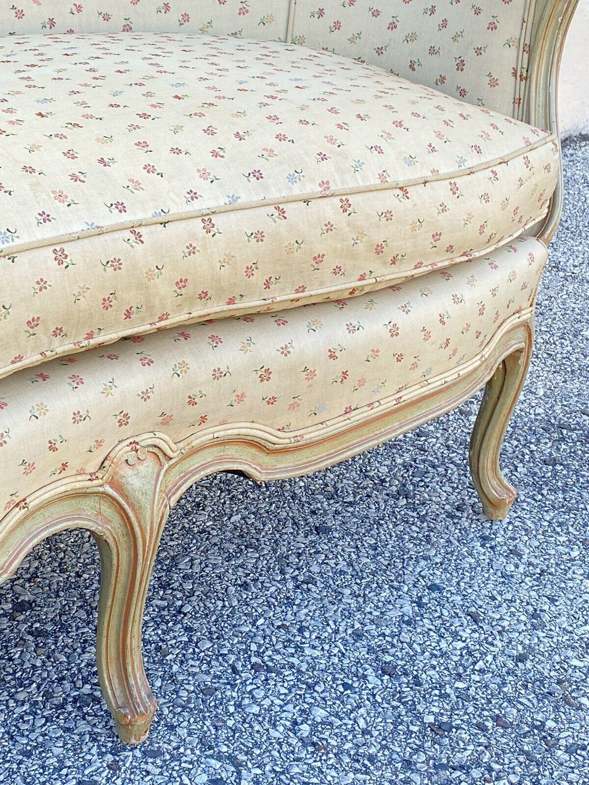 Vintage French Provincial Louis XV Style Green Pink Barrel Back Loveseat Settee 2