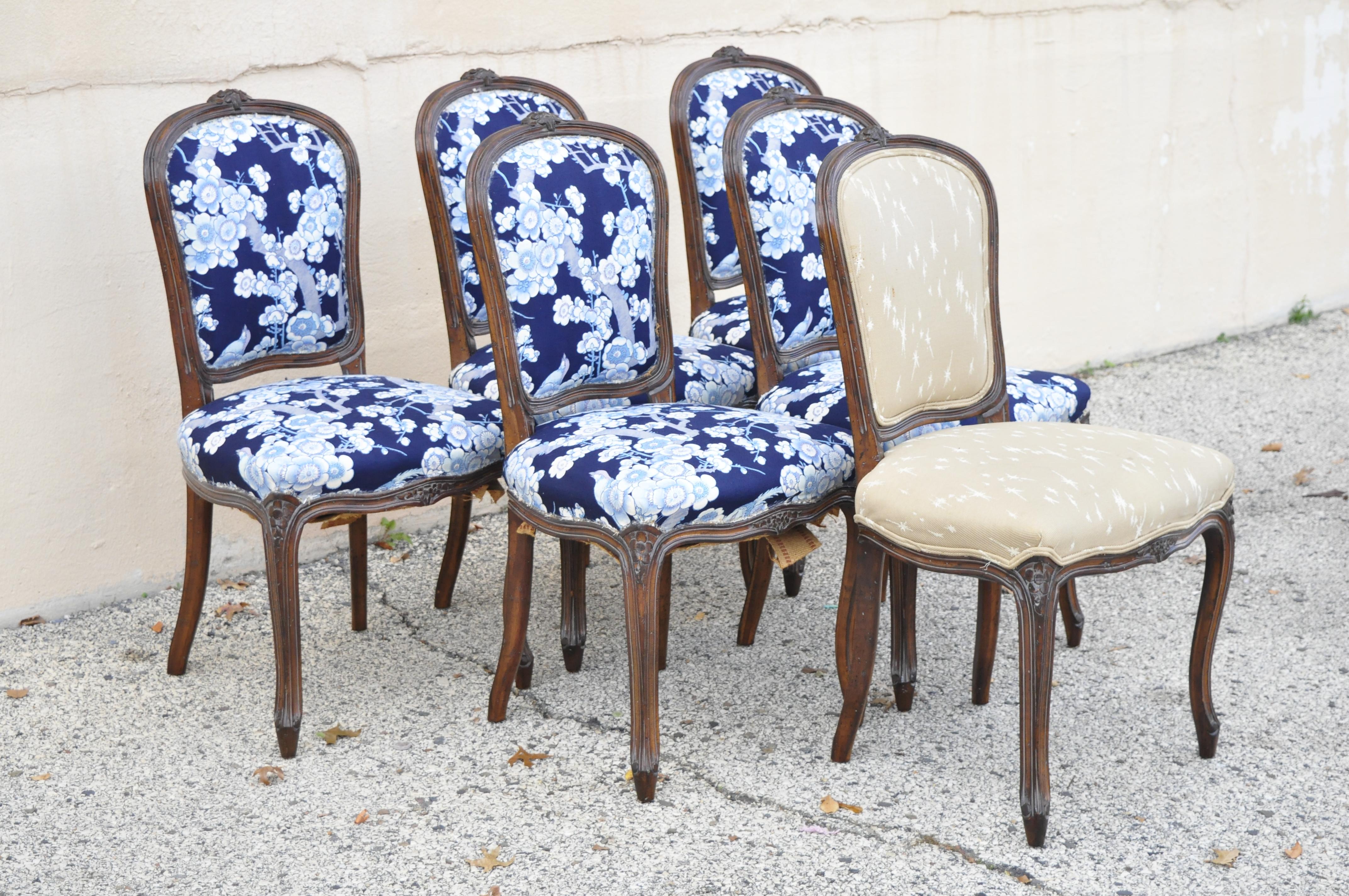 Vintage French Provincial Louis XV Style Walnut Dining Side Chairs, Set of 6 6