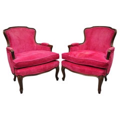 Vintage French Provincial Louis XV Upholstered Bergere Lounge Arm Chair, a Pair