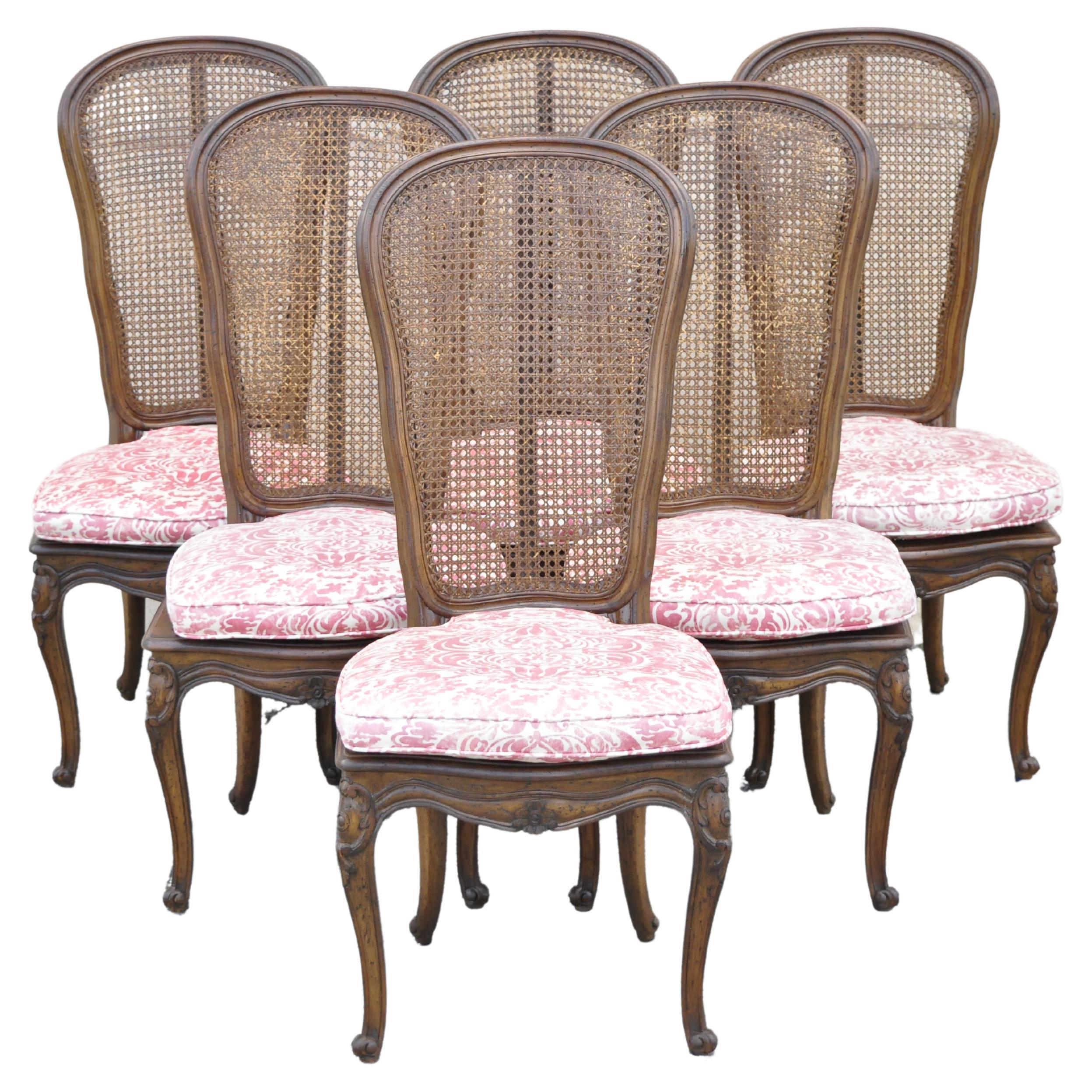 Vintage French Provincial Louis XV Walnut Cane Dining Side Chairs, Set of 6 For Sale