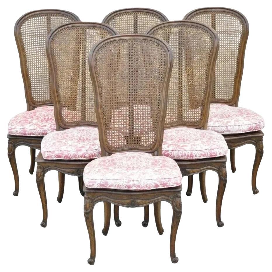 Vintage French Provincial Louis XV Walnut Cane Dining Side Chairs - Set of 6
