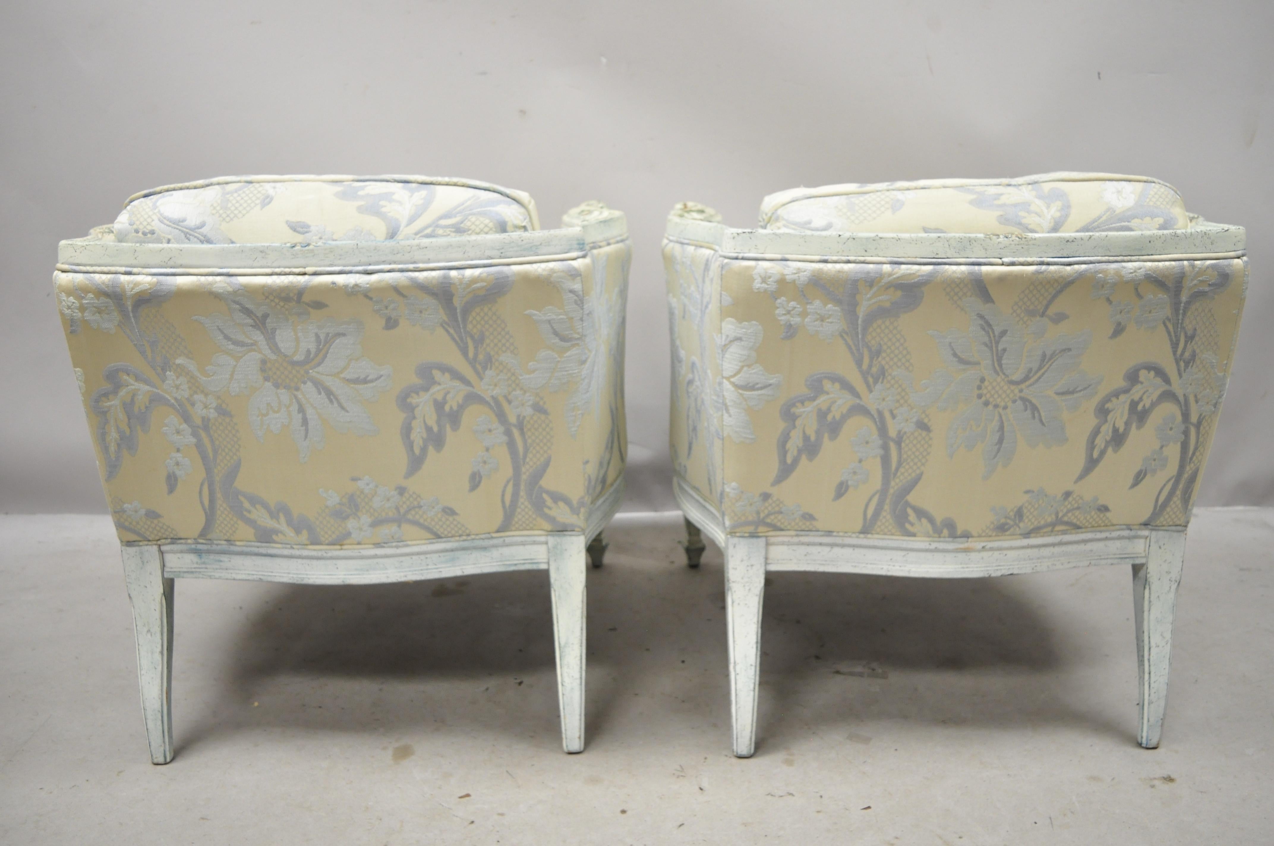 Vintage French Provincial Louis XVI Blue and Cream Painted Club Chairs, a Pair For Sale 4