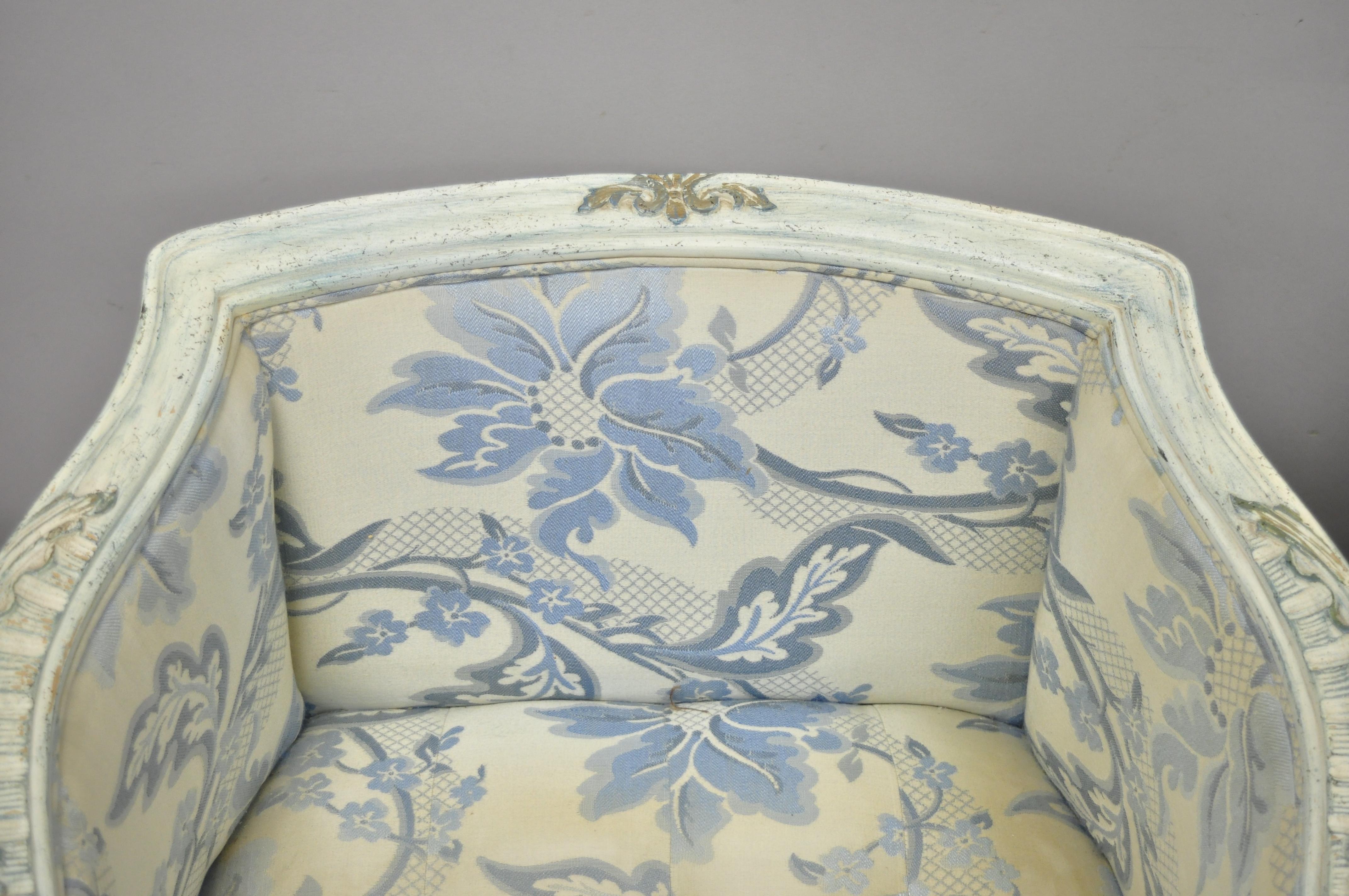 North American Vintage French Provincial Louis XVI Blue and Cream Painted Club Chairs, a Pair For Sale