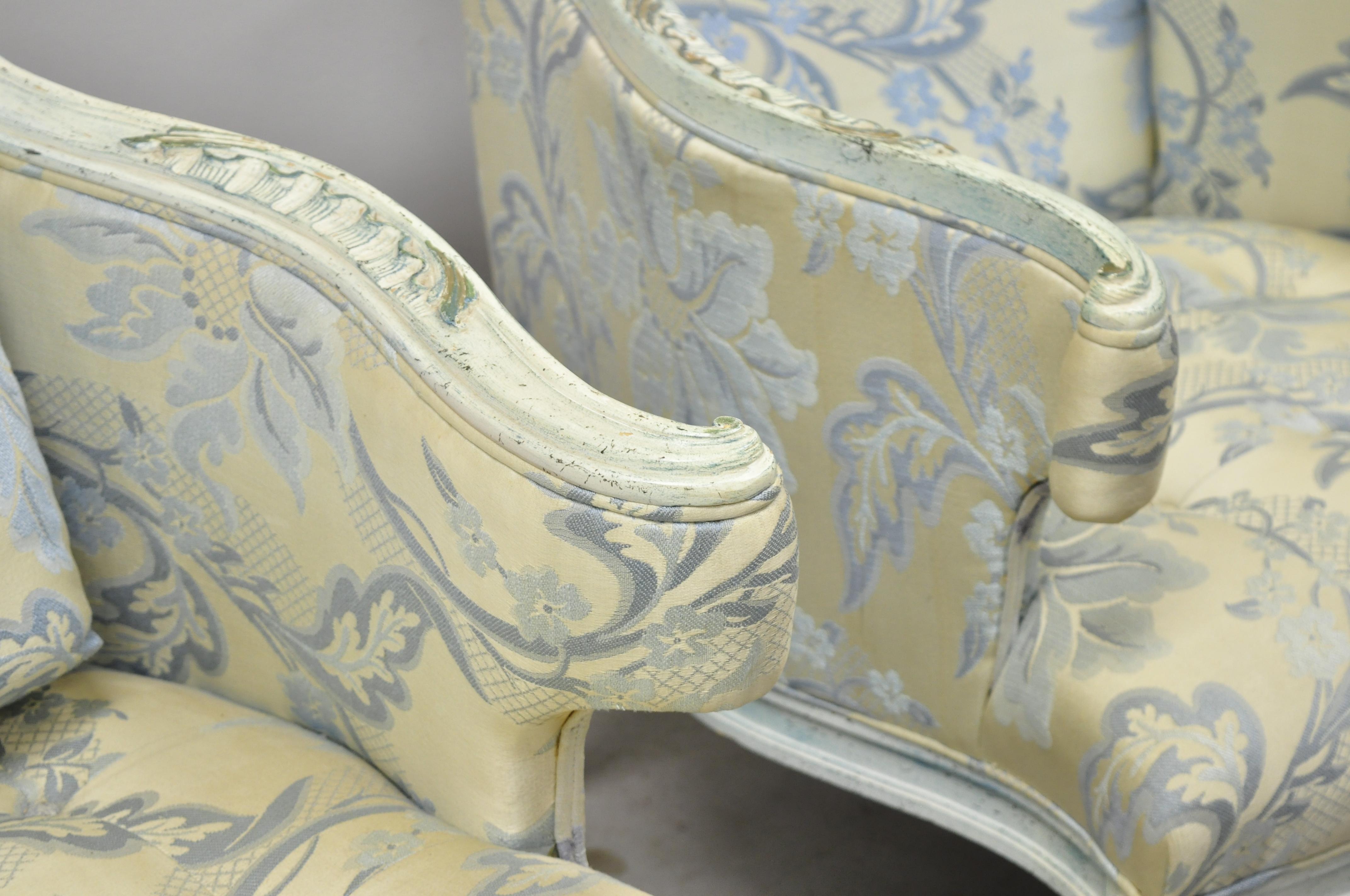 Vintage French Provincial Louis XVI Blue and Cream Painted Club Chairs, a Pair In Good Condition For Sale In Philadelphia, PA