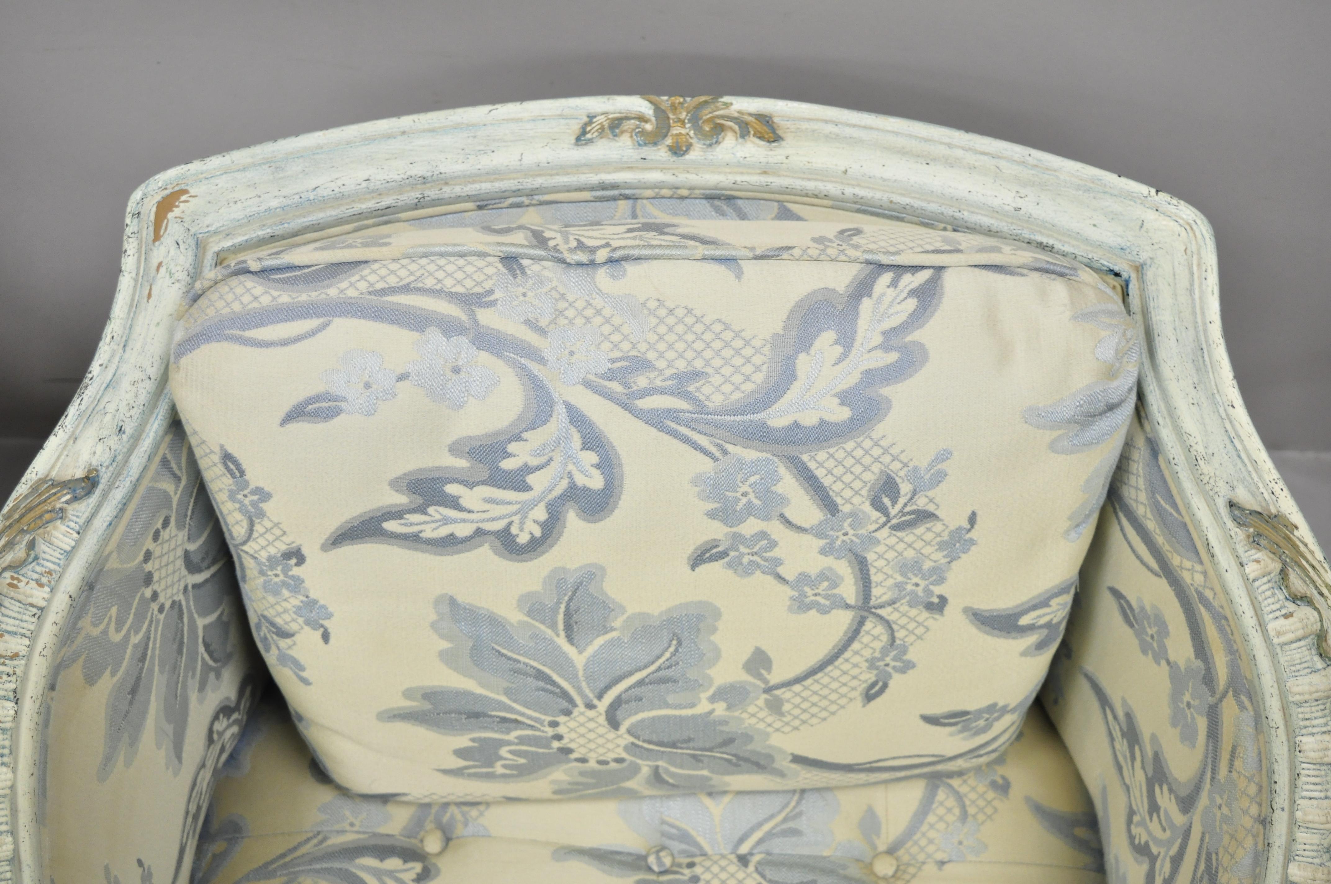 Wood Vintage French Provincial Louis XVI Blue and Cream Painted Club Chairs, a Pair For Sale