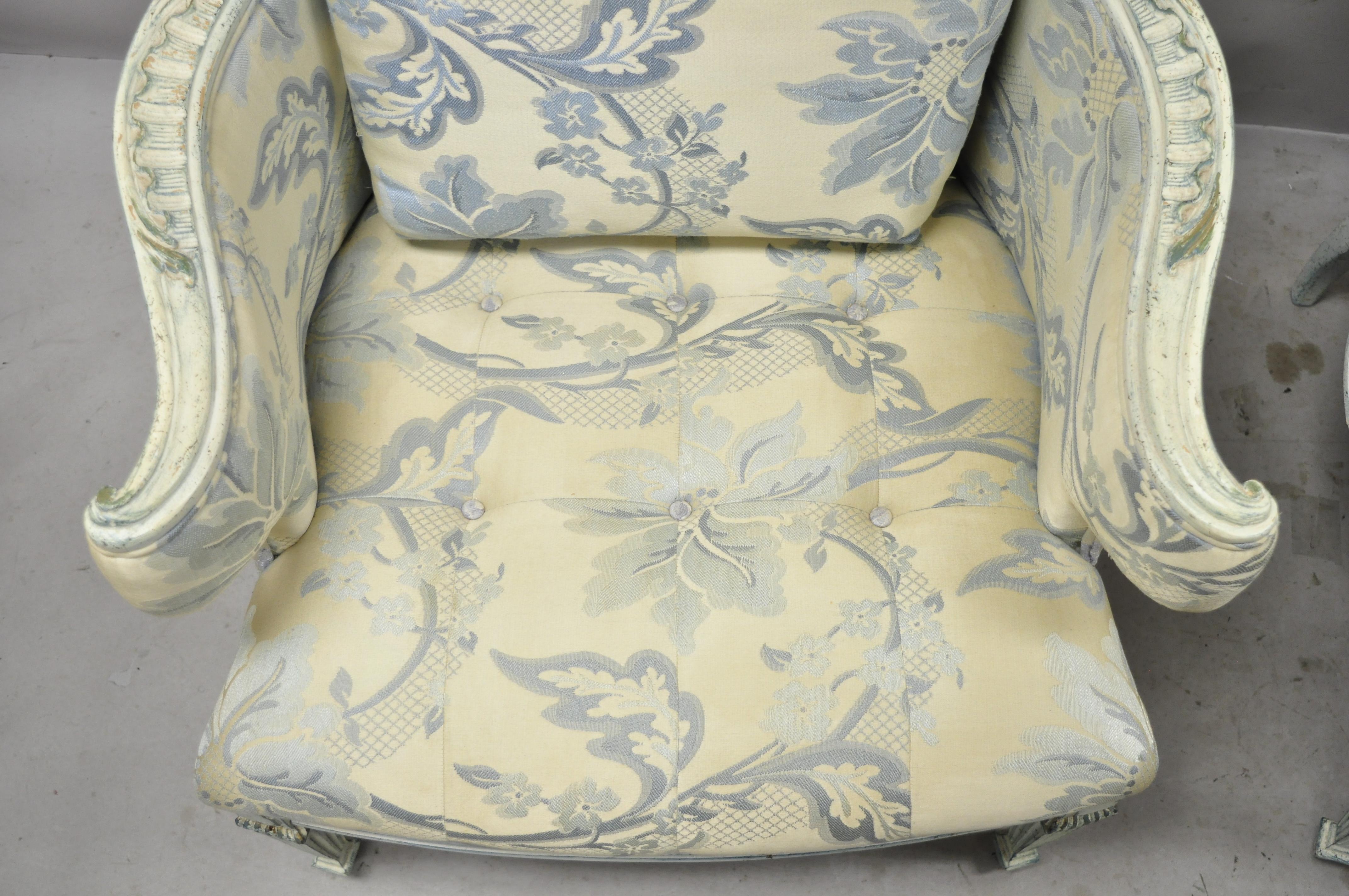 Vintage French Provincial Louis XVI Blue and Cream Painted Club Chairs, a Pair For Sale 1