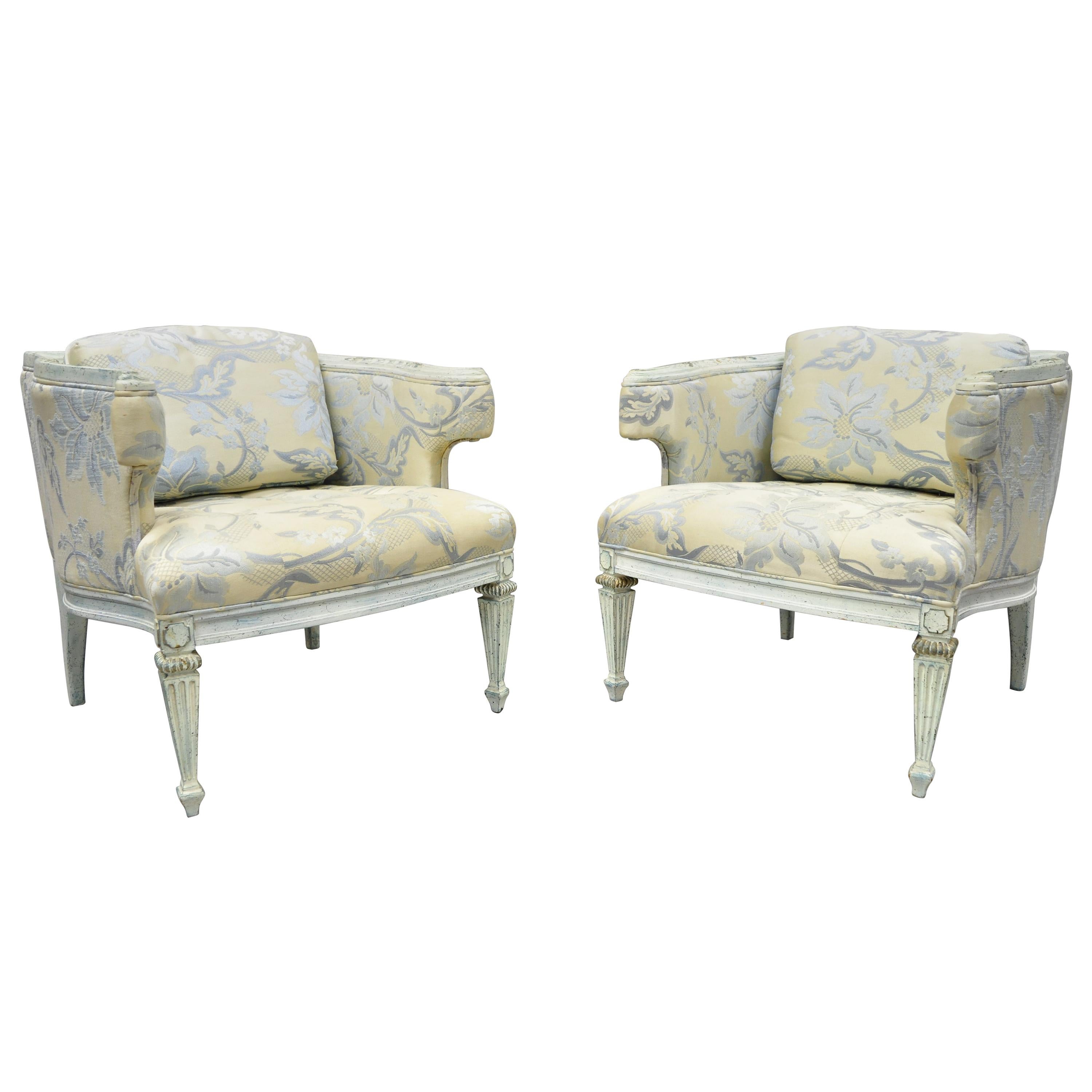 Vintage French Provincial Louis XVI Blue and Cream Painted Club Chairs, a Pair