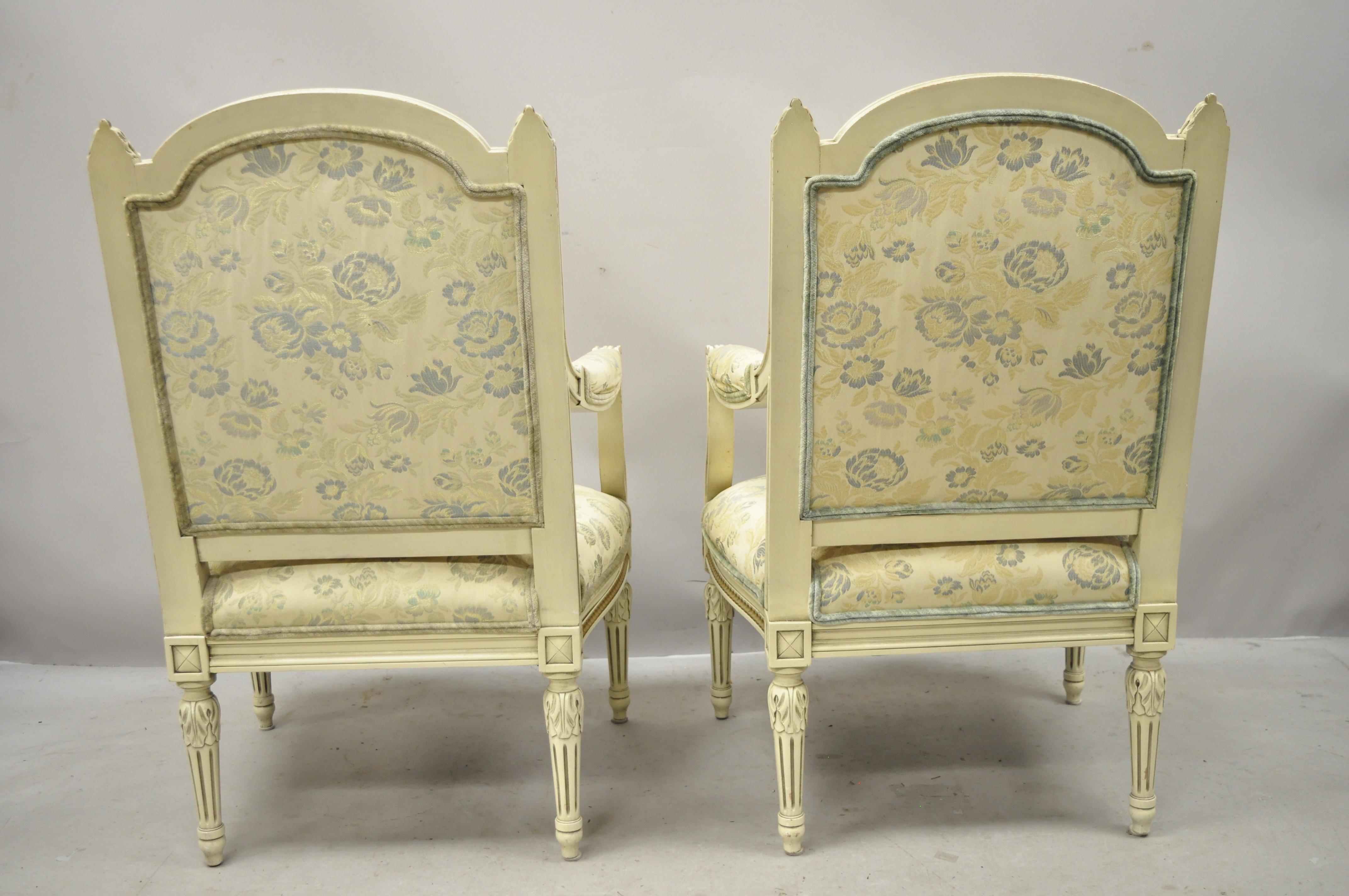 Vintage French Provincial Louis XVI Cream Painted Fauteuil Armchairs, a Pair For Sale 5