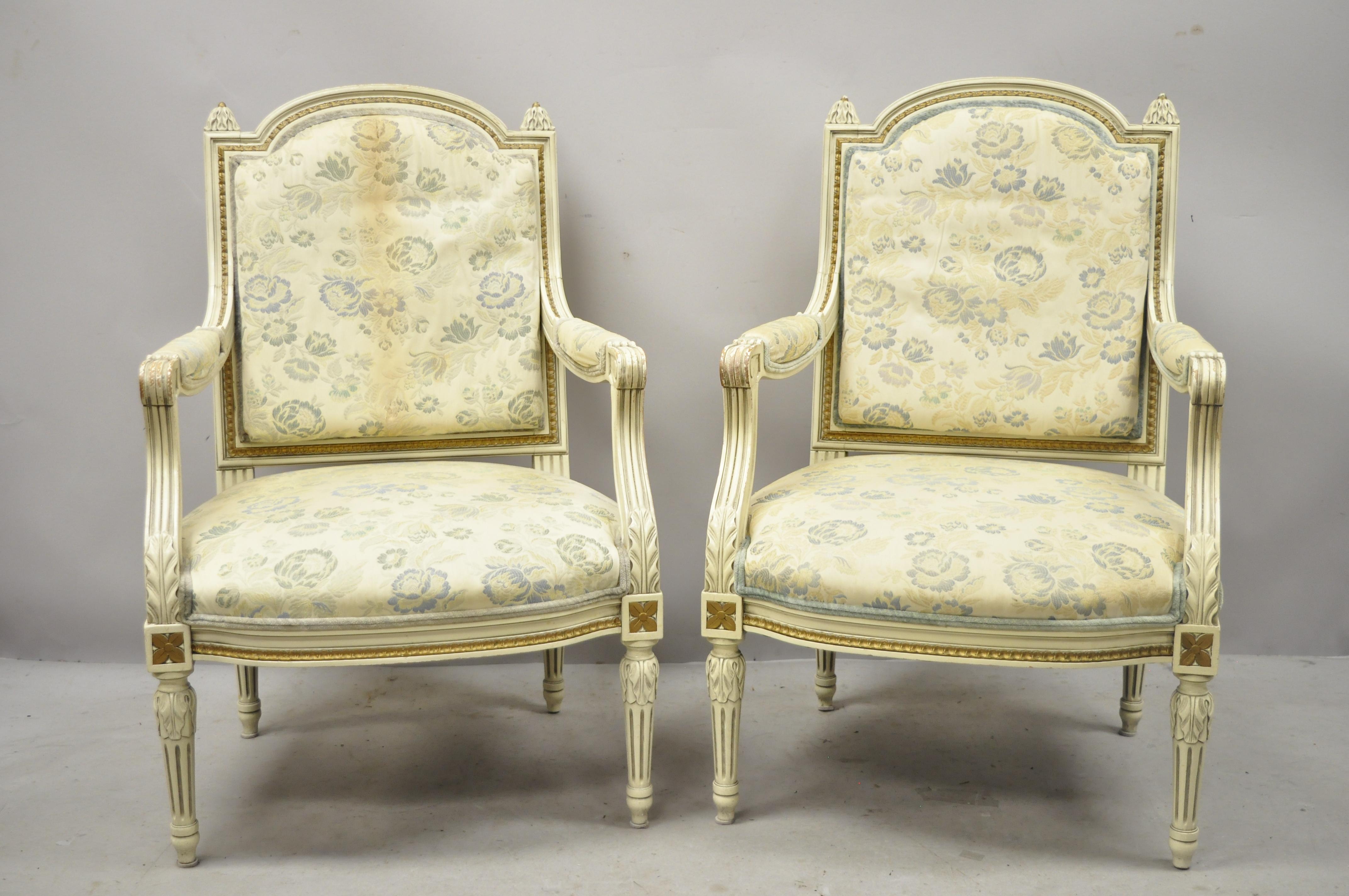 Vintage French Provincial Louis XVI Cream Painted Fauteuil Armchairs, a Pair For Sale 6