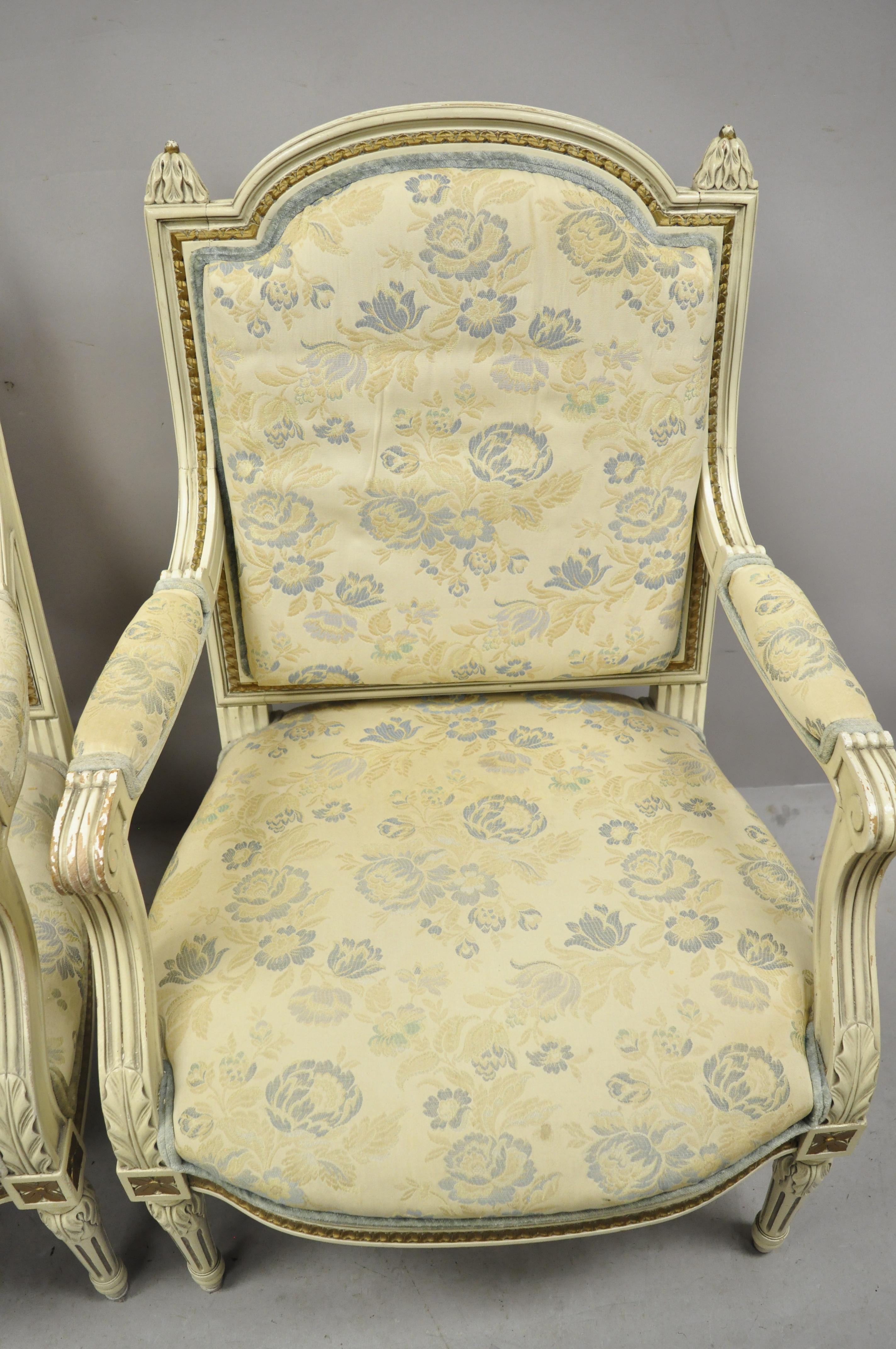 Vintage French Provincial Louis XVI Cream Painted Fauteuil Armchairs, a Pair In Good Condition For Sale In Philadelphia, PA