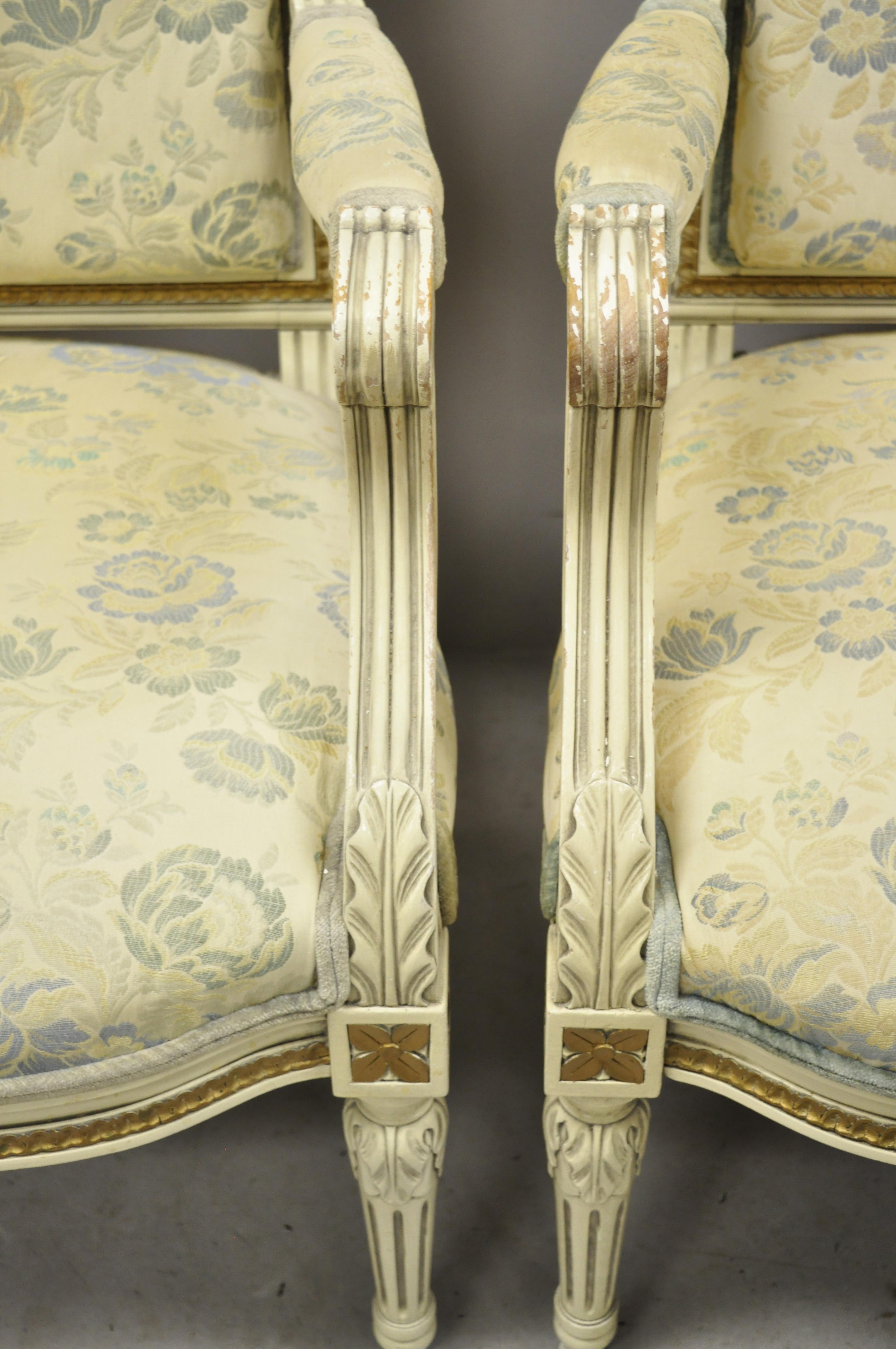 Fabric Vintage French Provincial Louis XVI Cream Painted Fauteuil Armchairs, a Pair For Sale