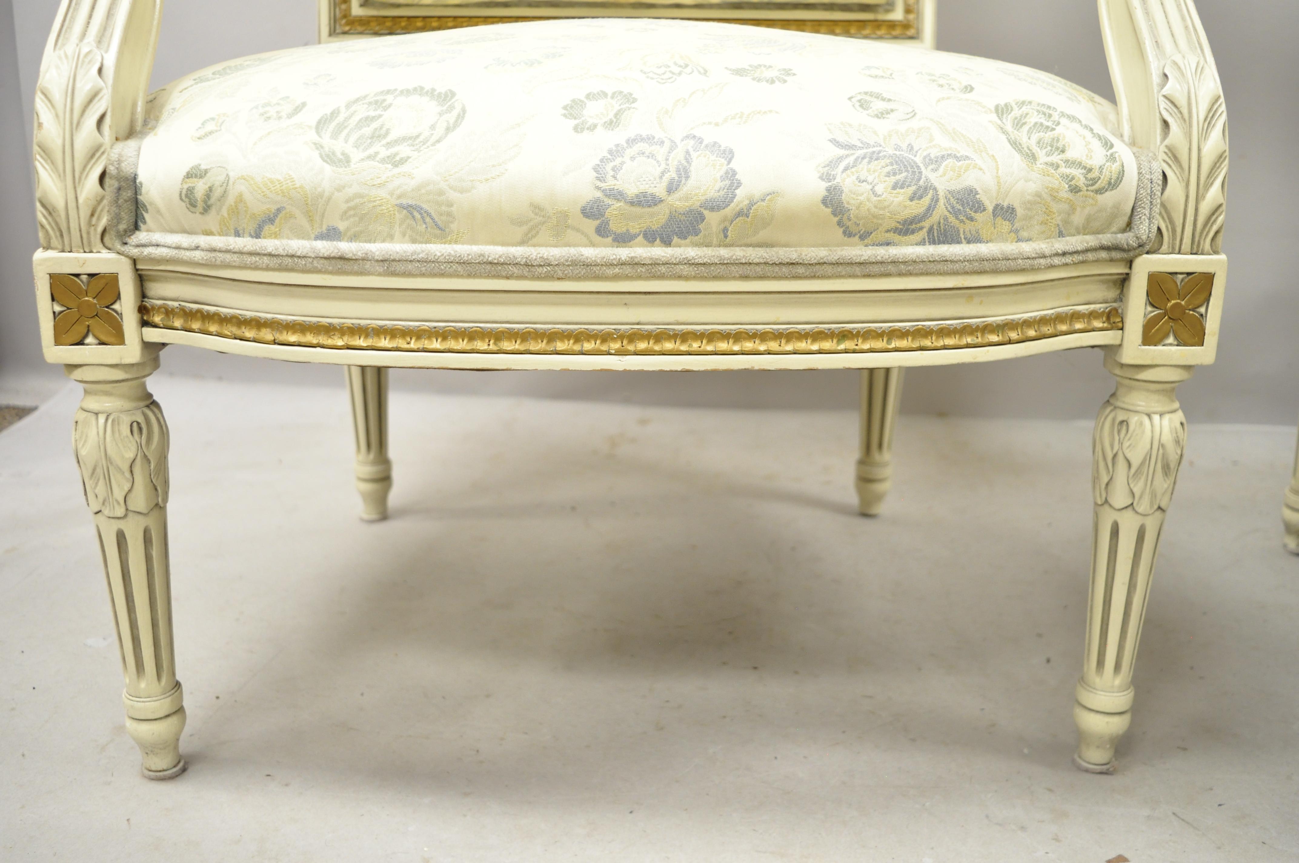 Vintage French Provincial Louis XVI Cream Painted Fauteuil Armchairs, a Pair For Sale 2