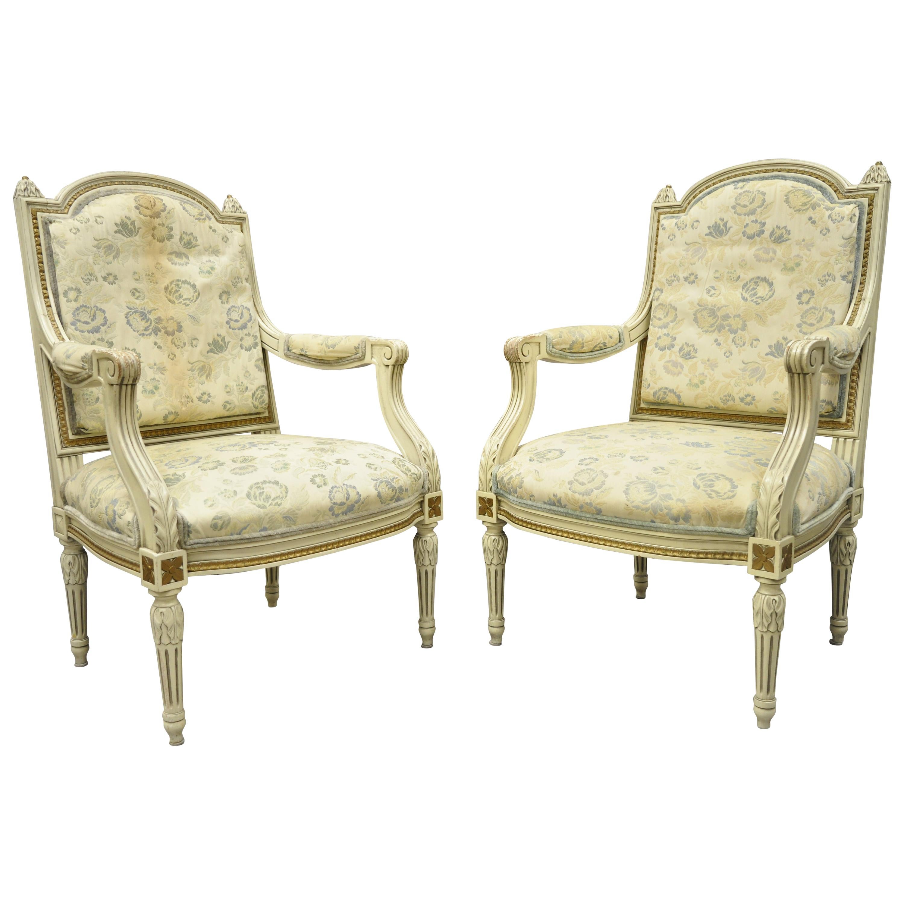 Vintage French Provincial Louis XVI Cream Painted Fauteuil Armchairs, a Pair For Sale