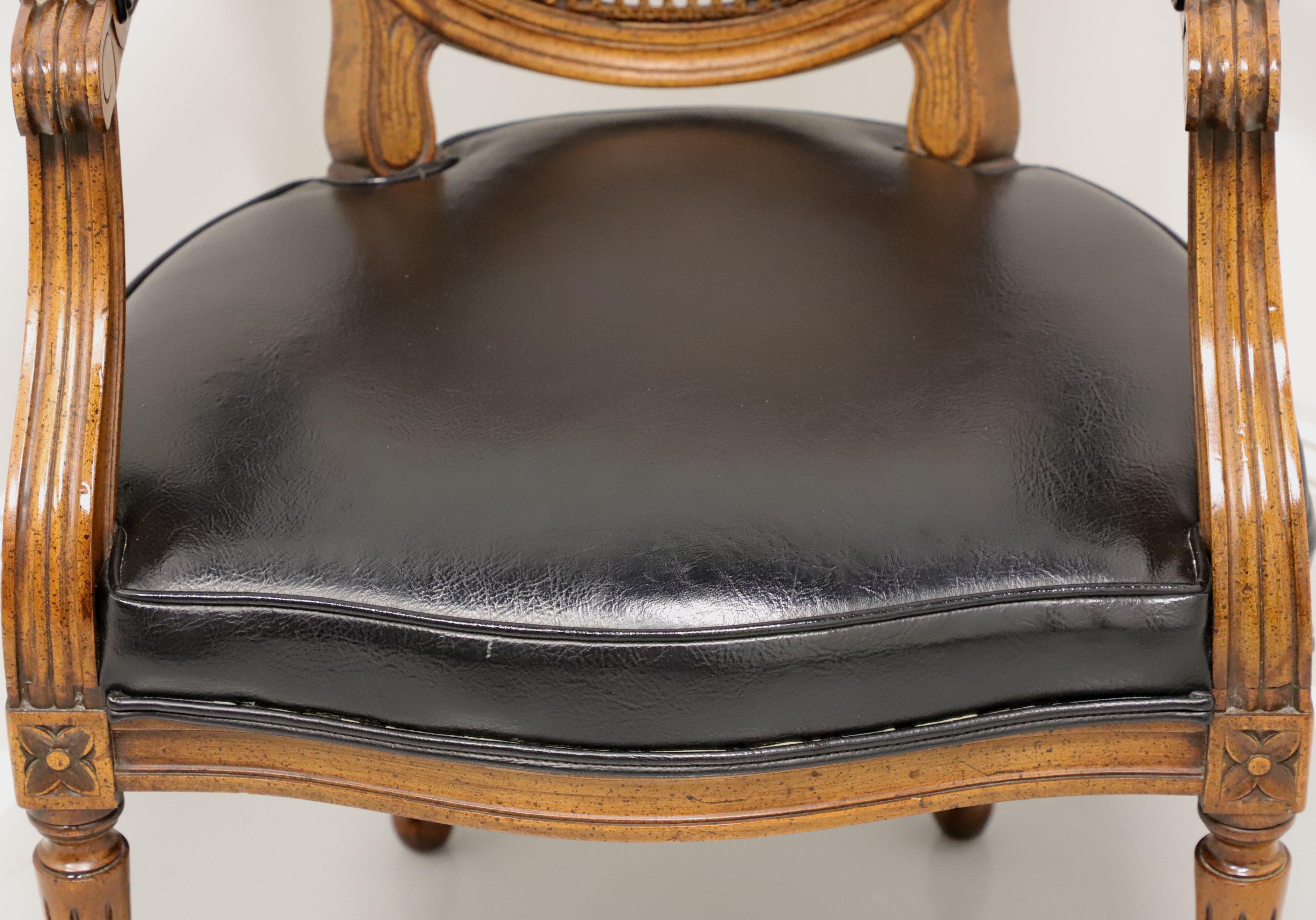 Vintage French Provincial Louis XVI Style Armchair w/ Leather Seat & Caned Back 2