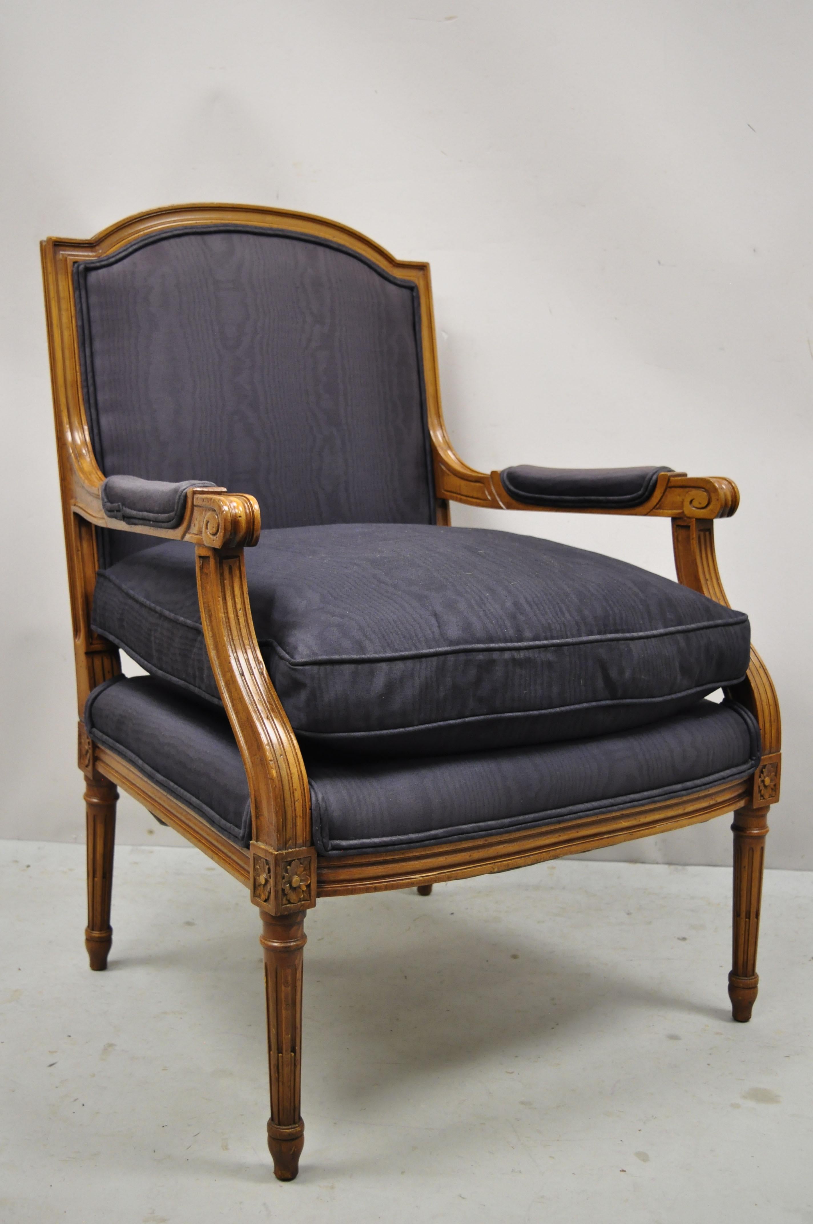 Vintage French Provincial Louis XVI style bergere fireside lounge arm club chair. Item features solid wood construction, upholstered arm rests, distressed finish, tapered legs, very nice vintage item, great style and form. Circa mid 20th century.
