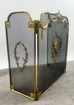 Vintage French Provincial Louis XVI Style Brass Trifold Mesh Screen Fireplace