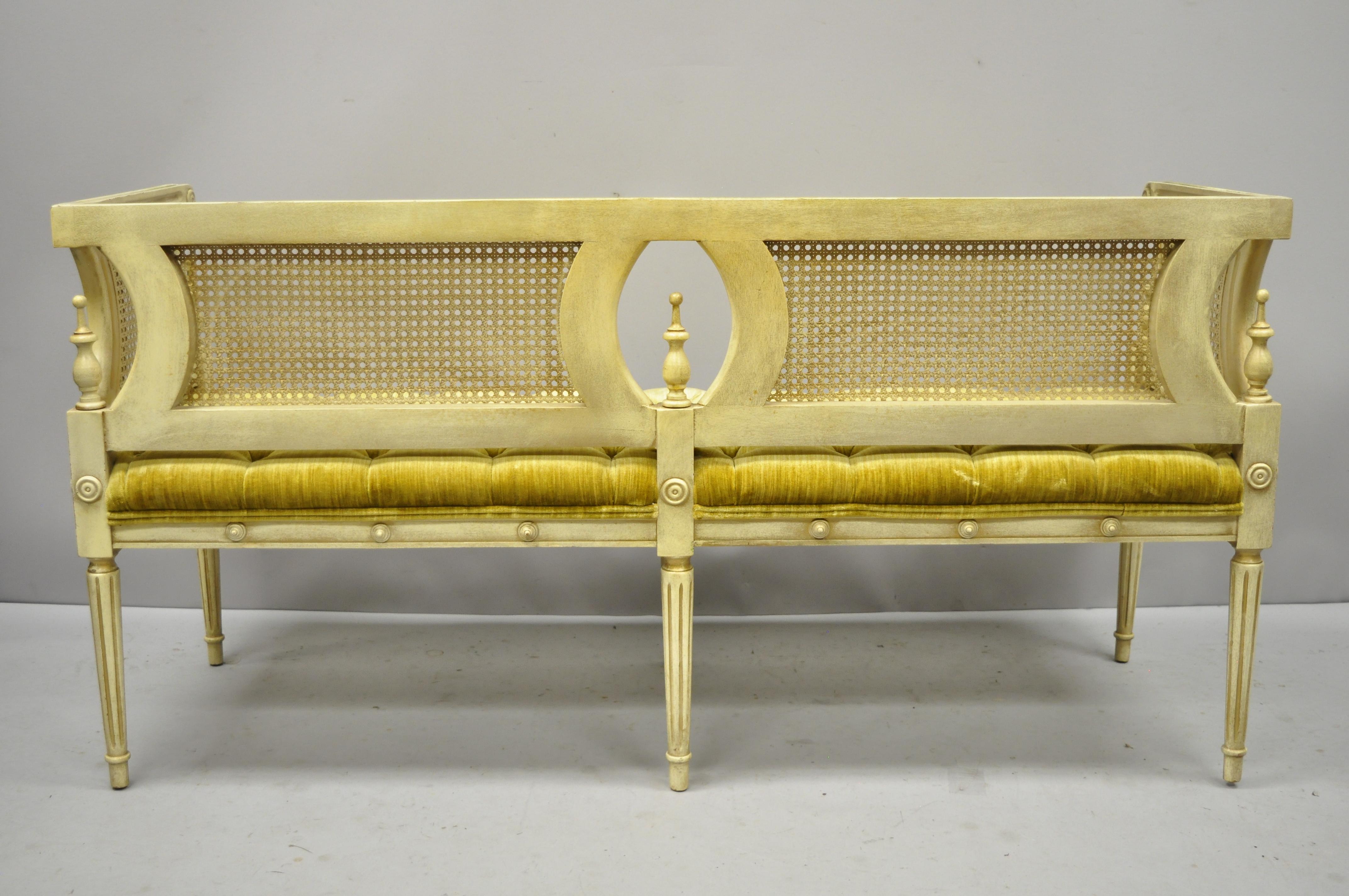 Vintage French Provincial Louis XVI Style Cane Back Cream and Gold Bench Settee 1