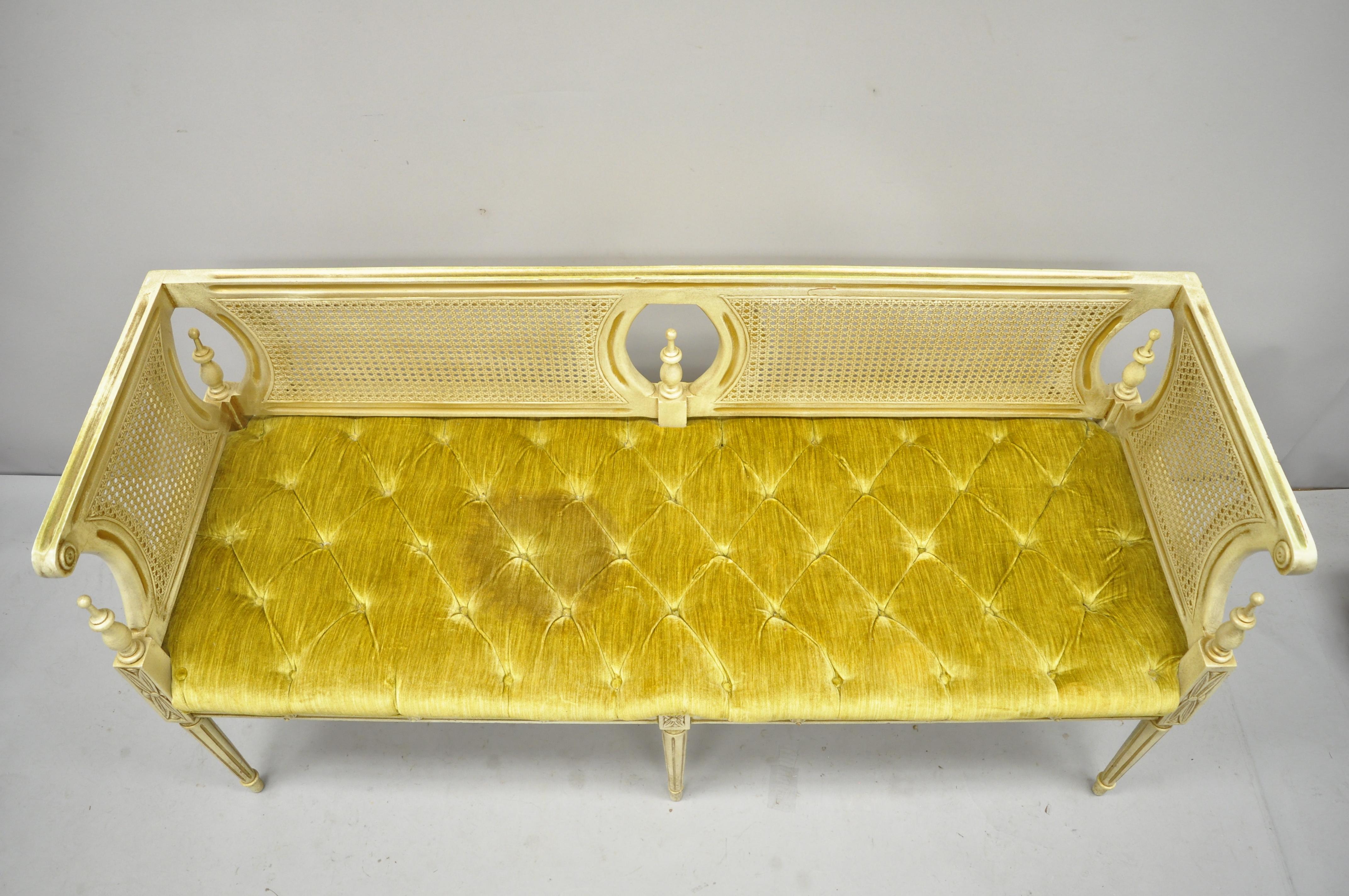 American Vintage French Provincial Louis XVI Style Cane Back Cream and Gold Bench Settee
