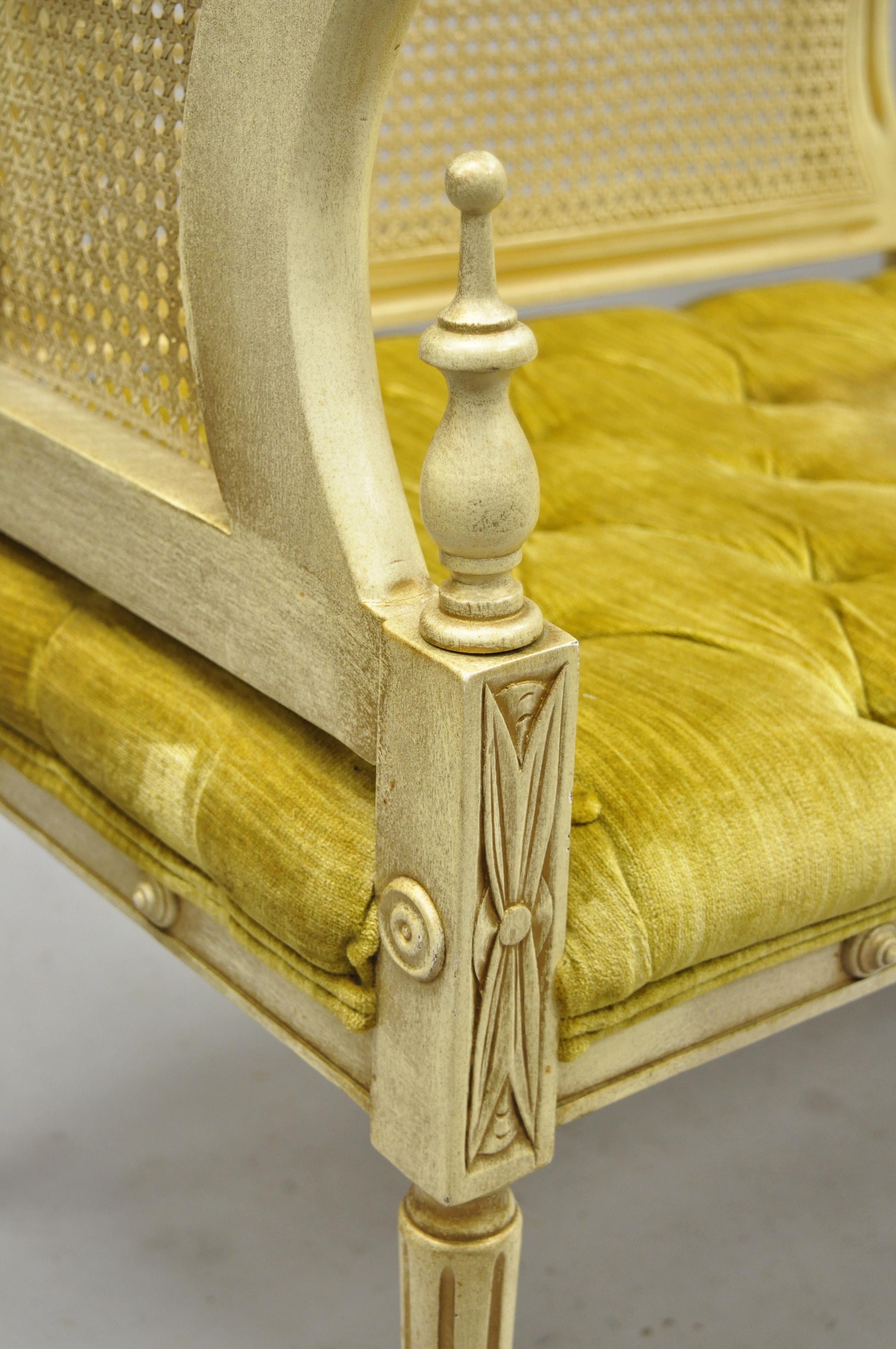 Vintage French Provincial Louis XVI Style Cane Back Cream and Gold Bench Settee In Good Condition In Philadelphia, PA