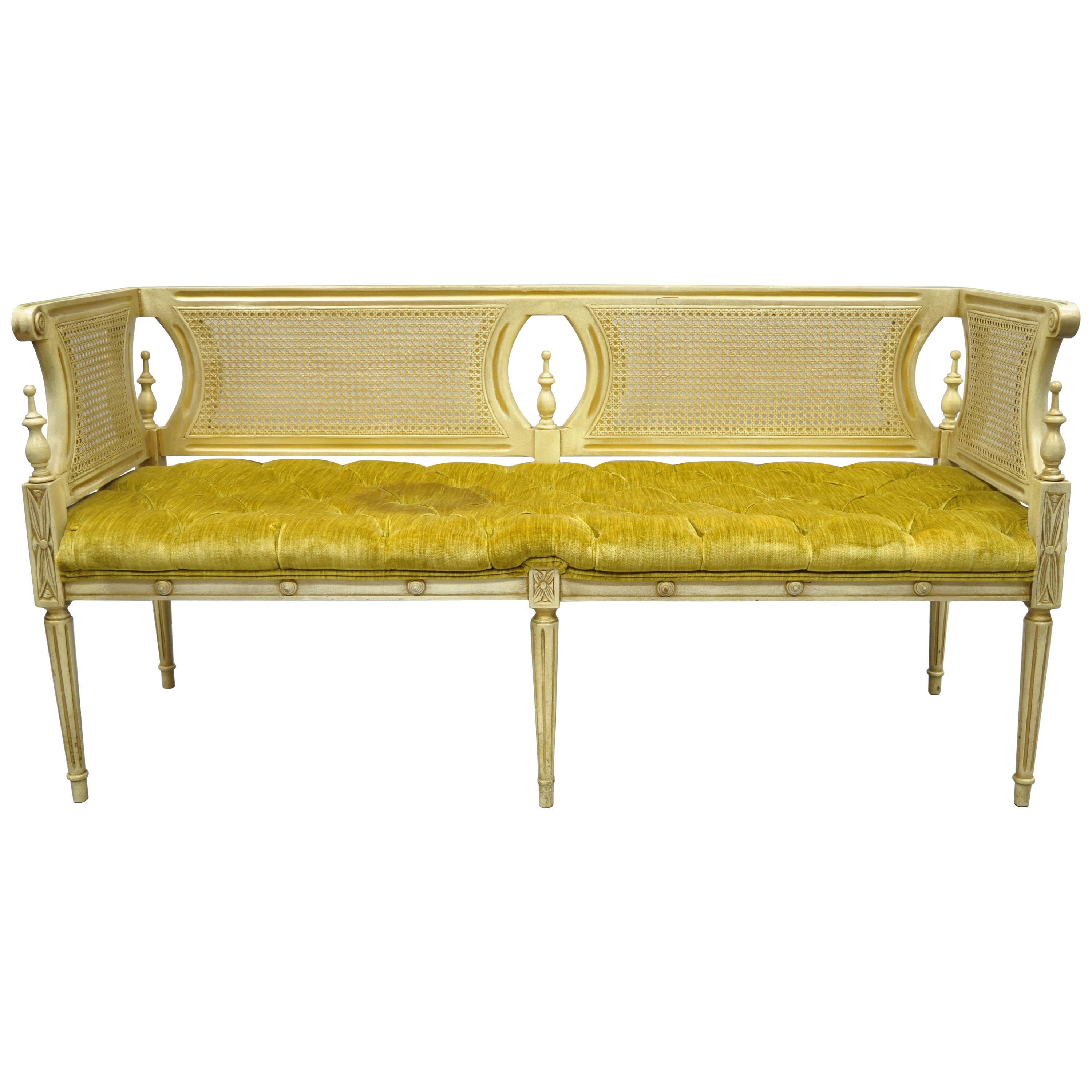 Vintage French Provincial Louis XVI Style Cane Back Cream and Gold Bench Settee