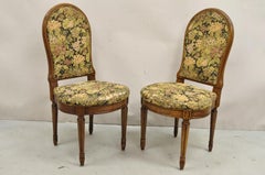 Vintage French Provincial Louis XVI Style Walnut Upholstered Side Chairs - Pair