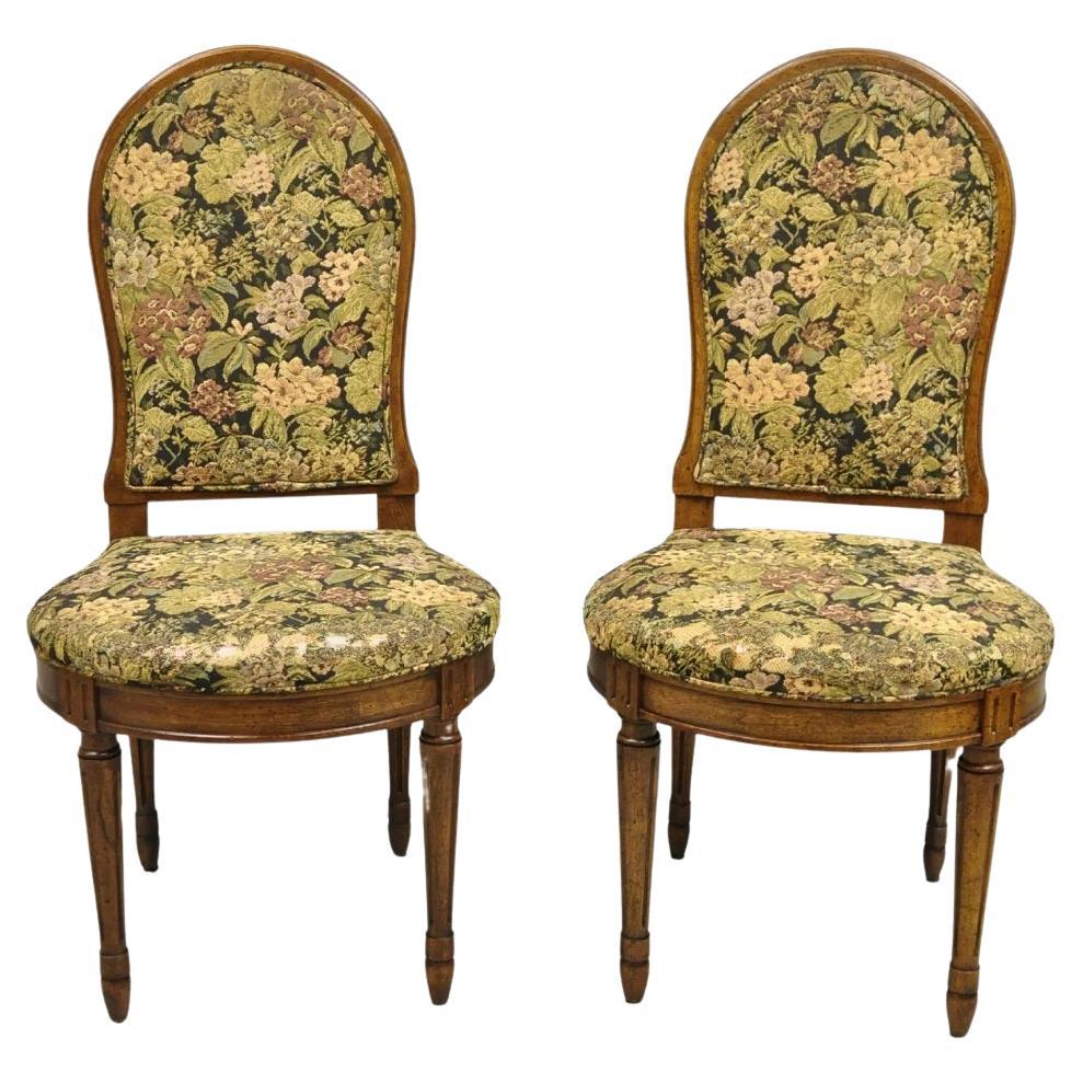 Vintage French Provincial Louis XVI Style Walnut Upholstered Side Chairs - Pair