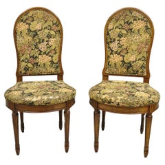 Vintage French Provincial Louis XVI Style Walnut Upholstered Side Chairs - Pair