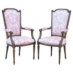 Vintage French Provincial Louis XVI Walnut Upholstered Dining Arm Chair, a Pair