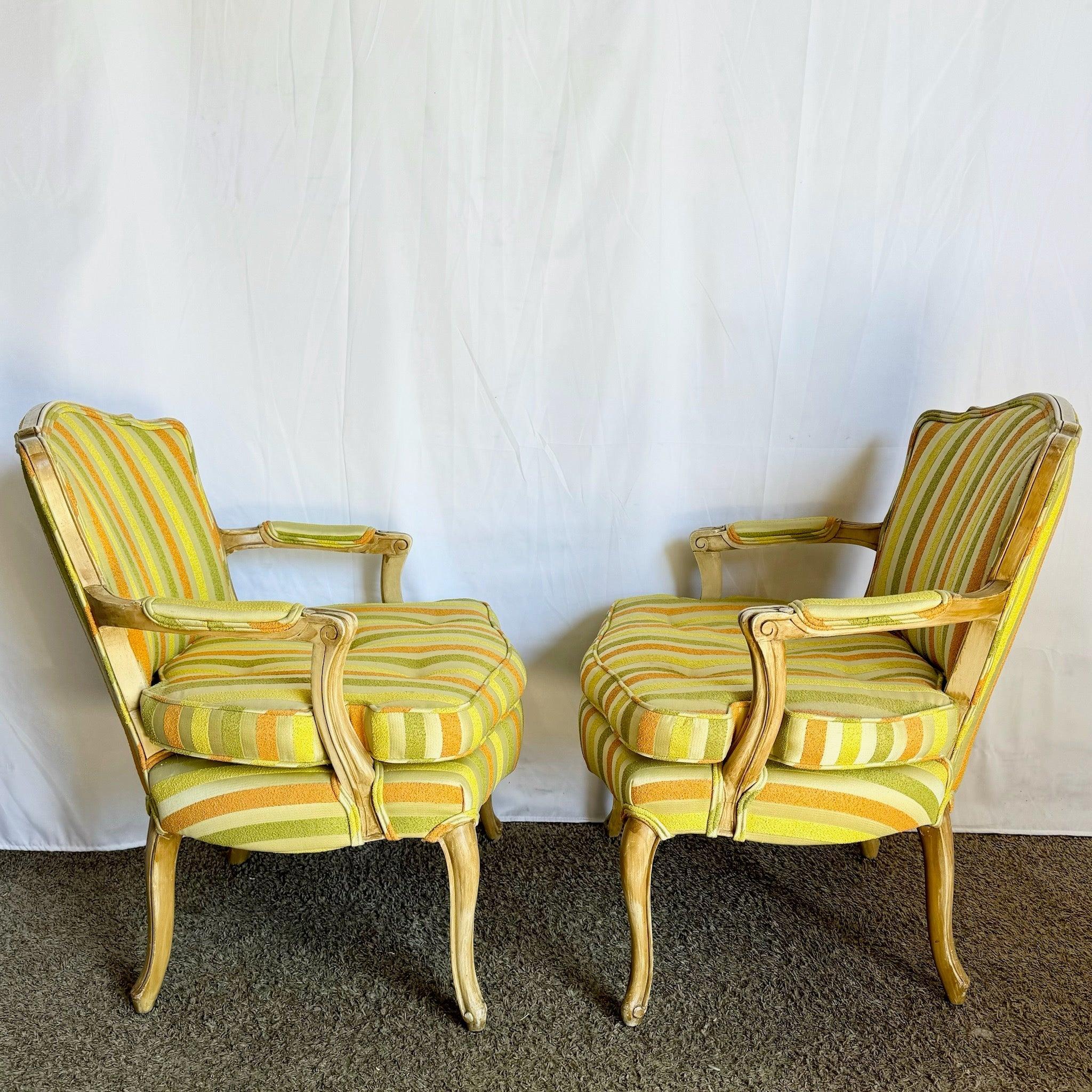 Vintage French Provincial Orange Green and Yellow Striped Wooden Lounge Chairs For Sale 4