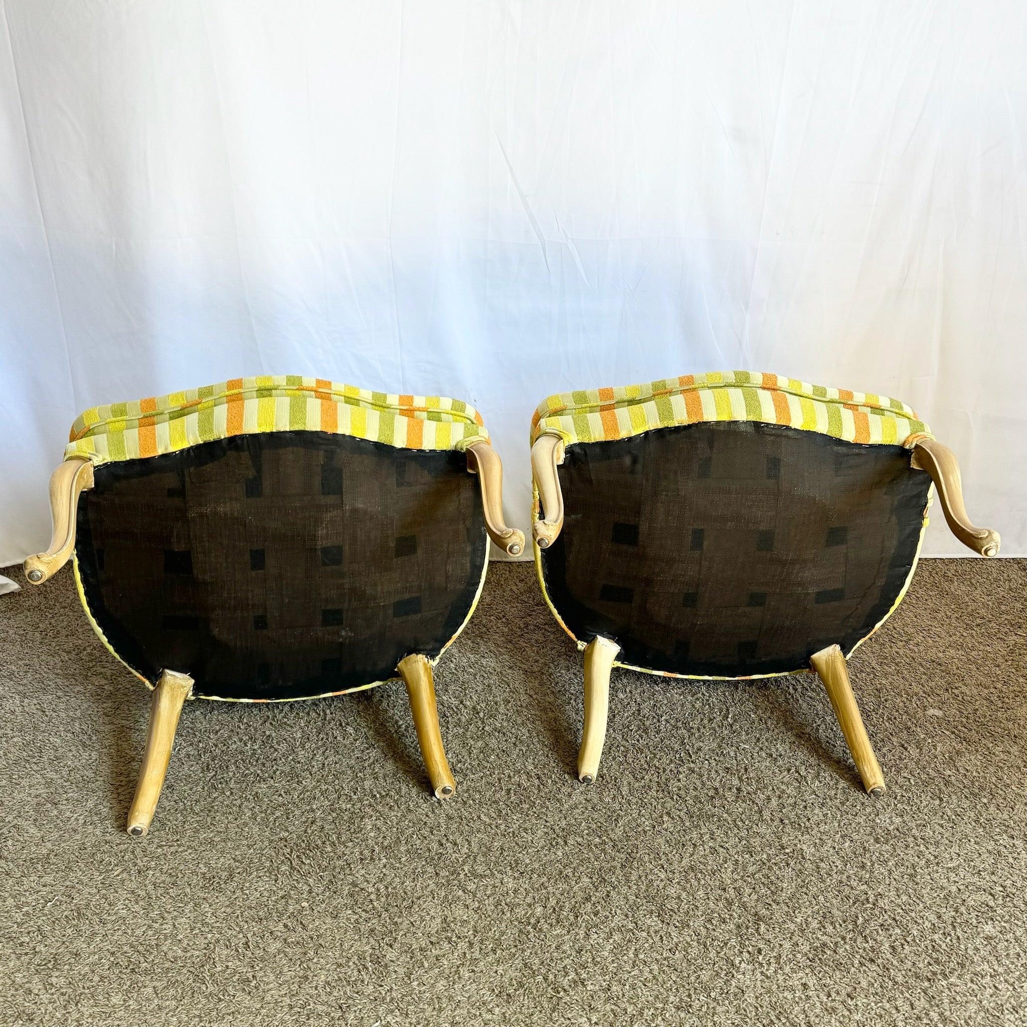 American Vintage French Provincial Orange Green and Yellow Striped Wooden Lounge Chairs For Sale