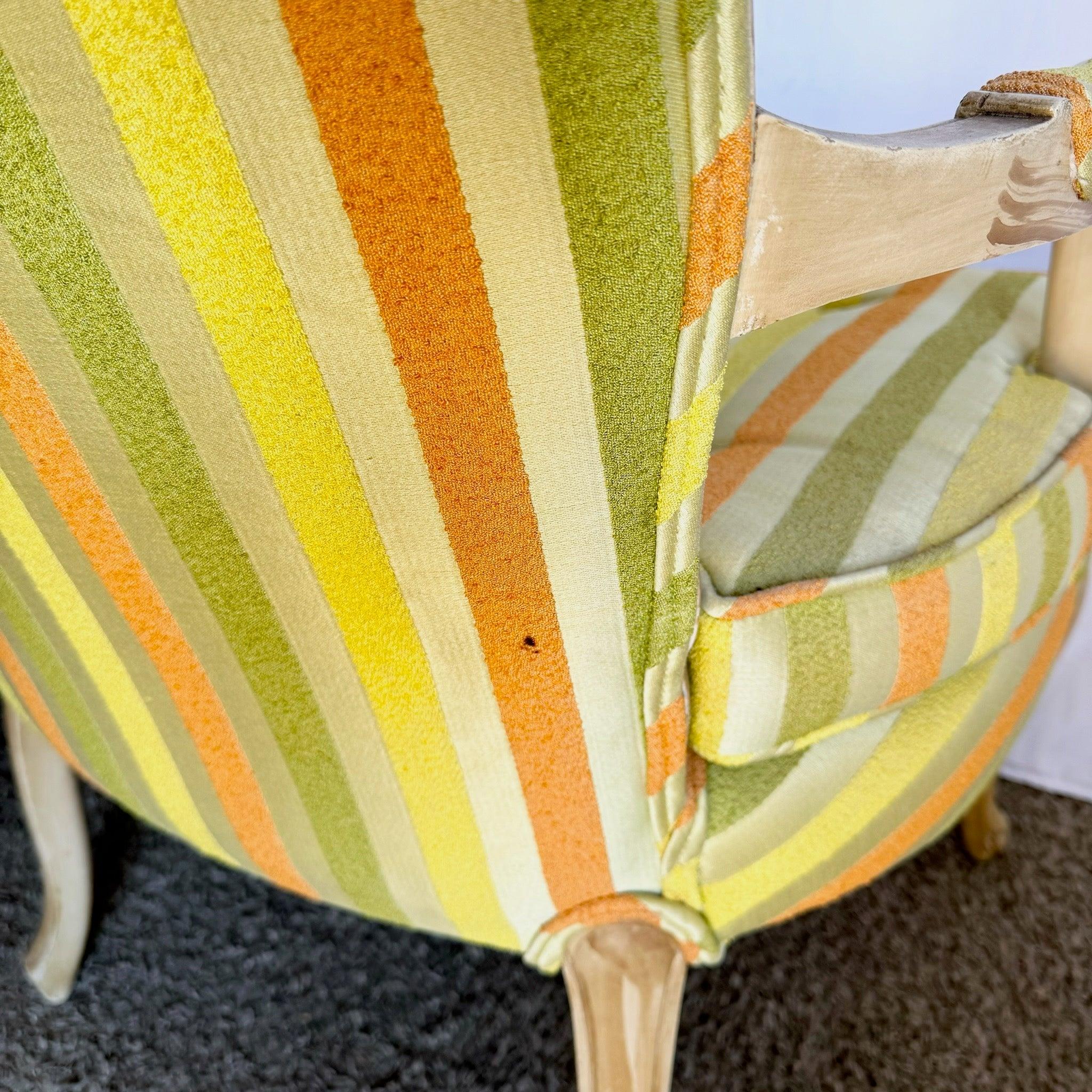 Vintage French Provincial Orange Green and Yellow Striped Wooden Lounge Chairs In Good Condition For Sale In Delray Beach, FL