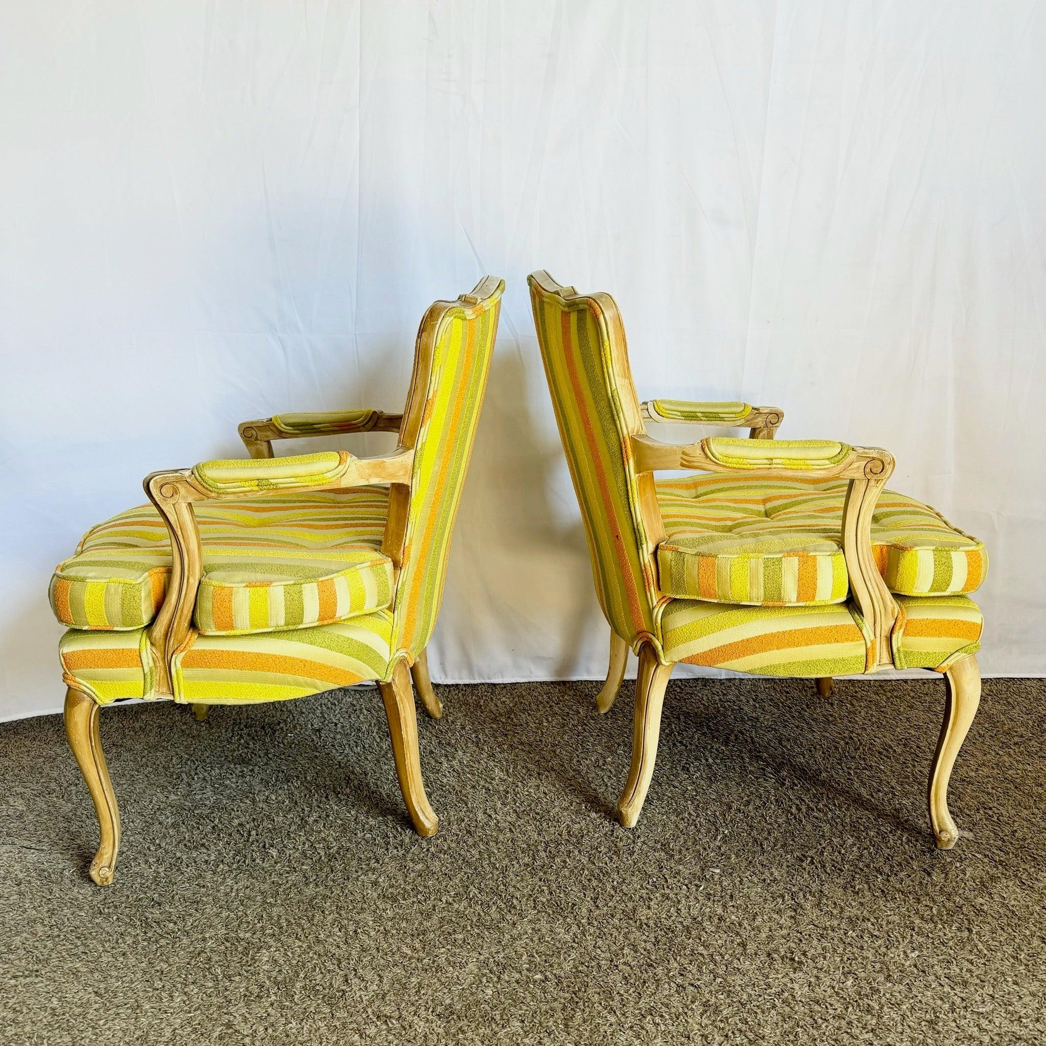 20th Century Vintage French Provincial Orange Green and Yellow Striped Wooden Lounge Chairs For Sale